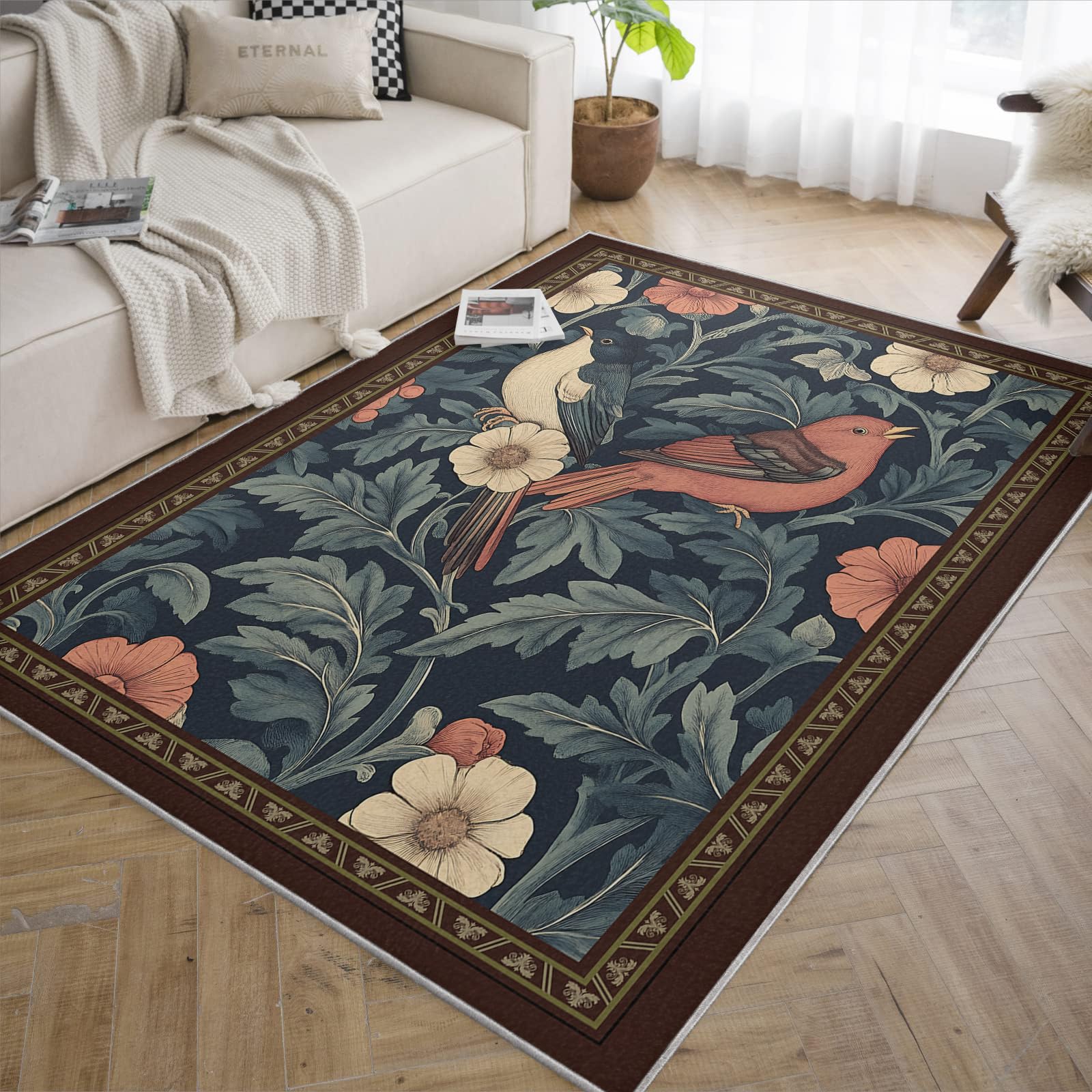 Tapis antidérapant marron oiseau et fleur de grand format 160x230cm avec des finitions soignées