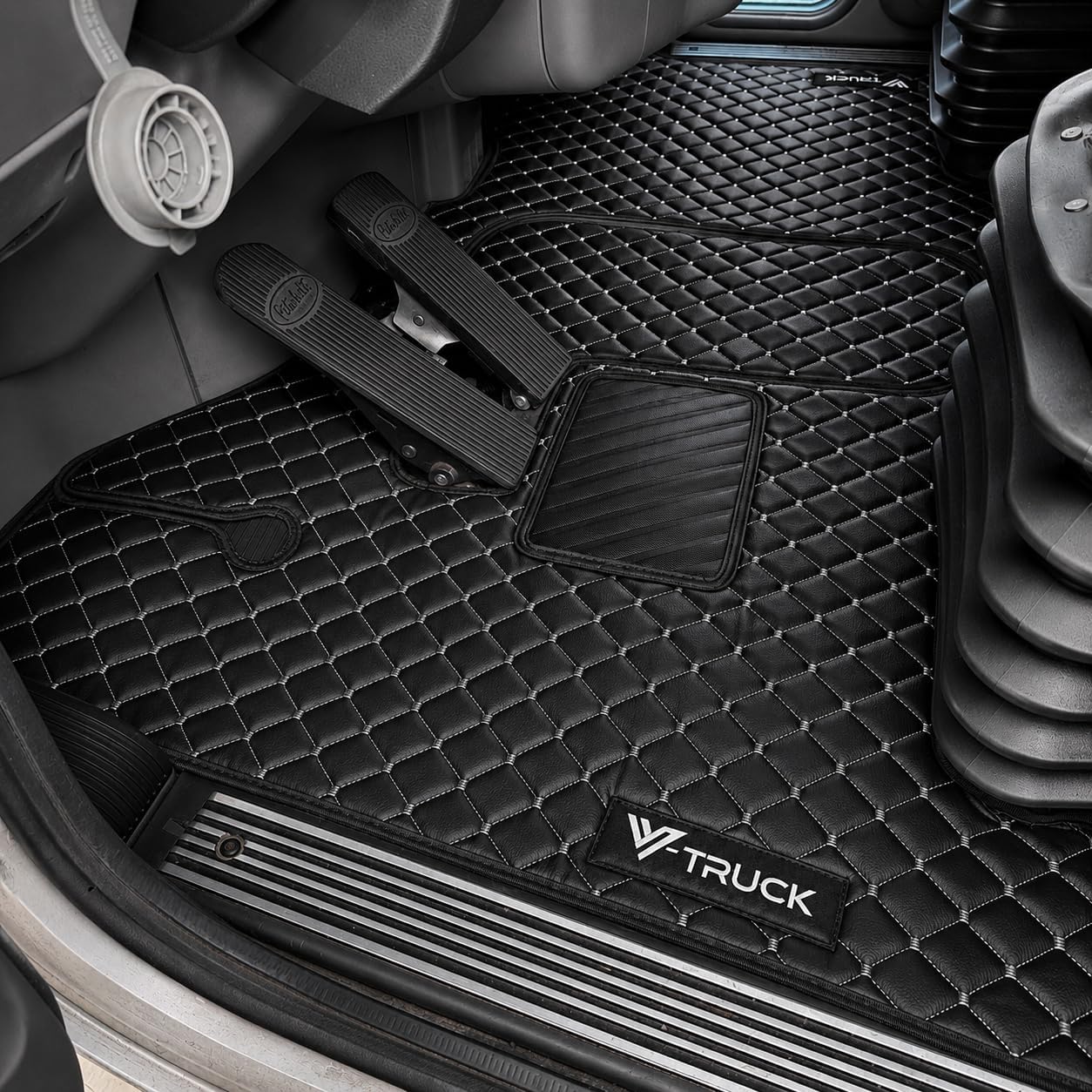 Floor Mat Set for Peterbilt 386 (2005–2015), 388 (2007–2015), 389 (2006–Present), 379 Late Models (2000–2007) – 72" Sleeper, Black Faux Leather Floor Mats, Heavy-Duty Interior Protection (Black/Grey)