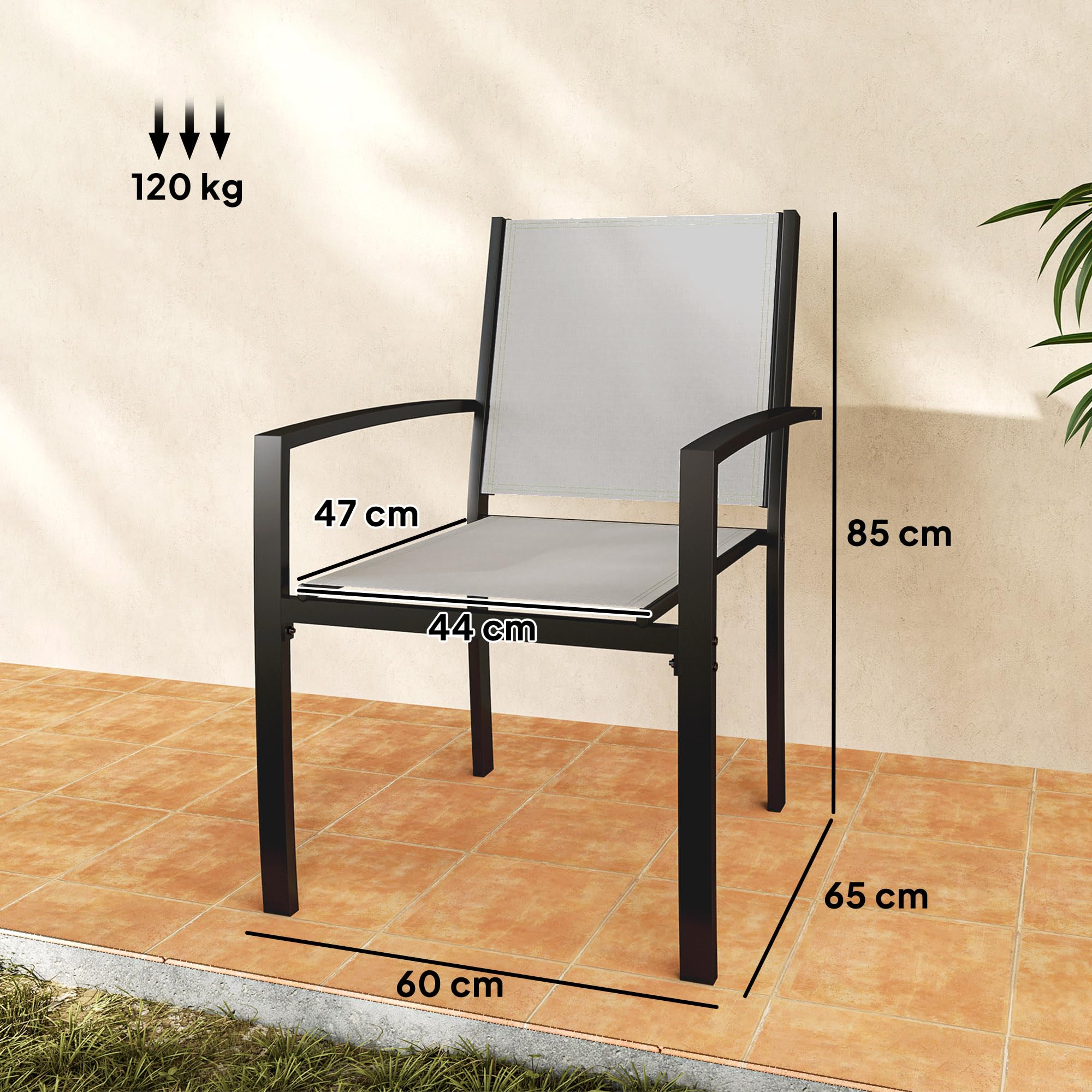 Outsunny Lot de 2 chaises de Jardin chaises empilables d'extérieur avec accoudoirs, Cadre en Acier pour Jardin, Piscine, terrasse, Gris Clair