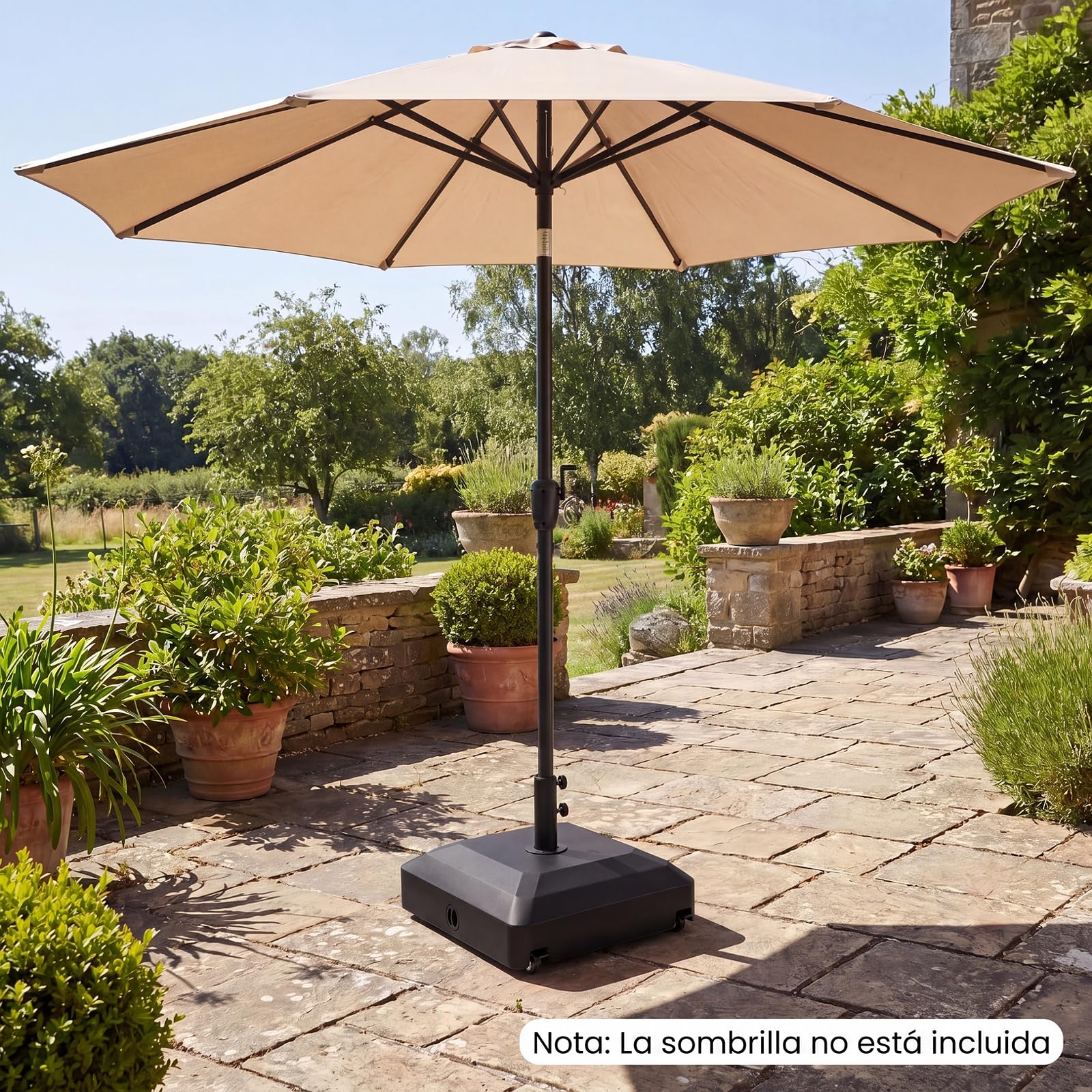 COSTWAY Base de Sombrilla con Ruedas, Pie Sombrilla Rellenable con Agua y Arena de 68 kg, 2 Frenos, 2 Perillas de Ajuste y 3 Adaptadores para Postes de 32/40/48 mm, Soporte de Parasol Terraza Exterior