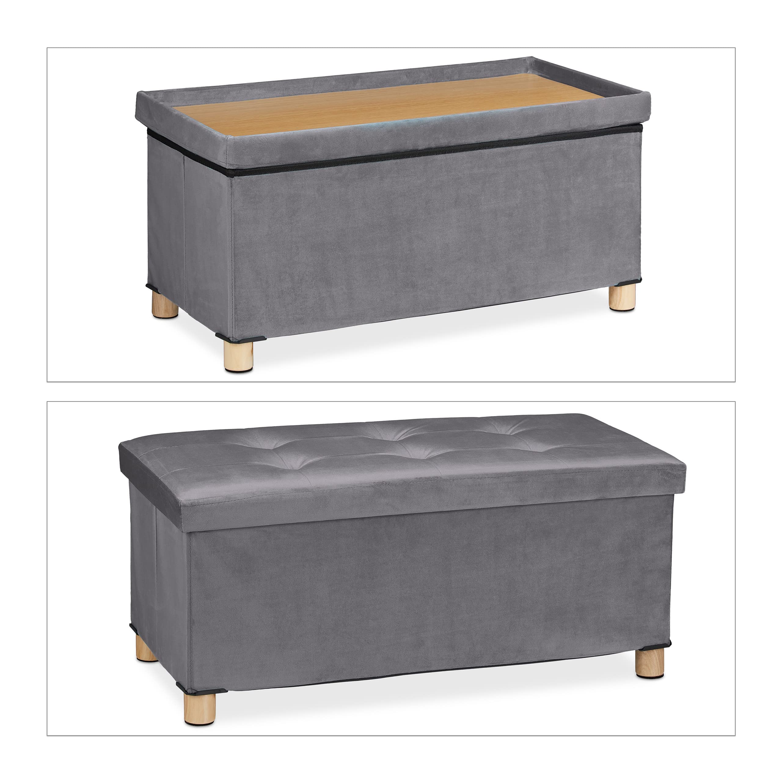 Relaxdays Banco Almacenaje, Acolchado, Terciopelo, Patas Madera, hasta 120 kg, Plegable, 34 x 76 x 38 cm, Gris Oscuro