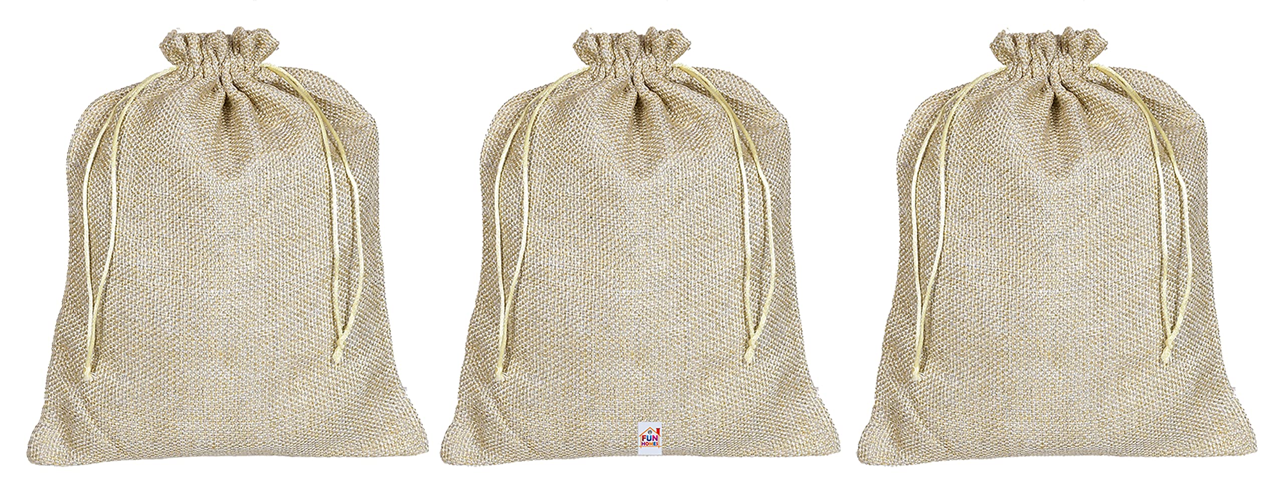 Fun Homes Jute Small Size Potli Gift Bags Wedding Hessian Jute Small Size Bags Linen Jewelry Pouches with Drawstring for Birthday, Party, Wedding Favors-Pack of 3 (Gold) (Model: HS_36_FUNHOMES019514)