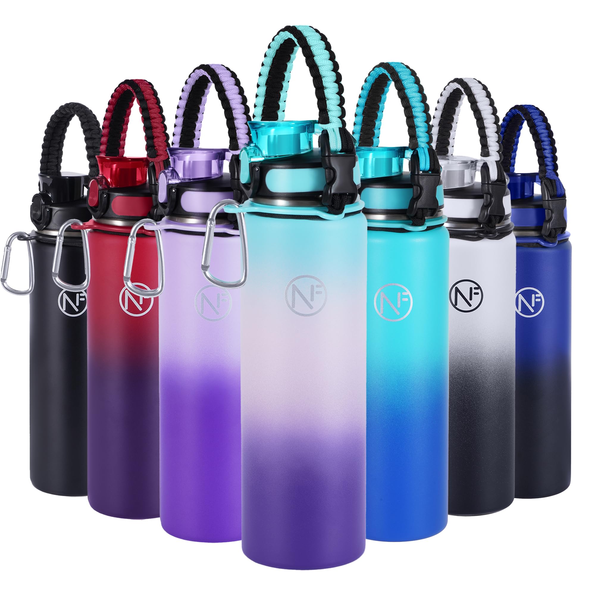 Newfad 32 oz Insulated Water Bottle With Detachable Straw & Paracord Handle, Stainless Steel Thermos Water Bottle with Leakproof Lockable Lid,