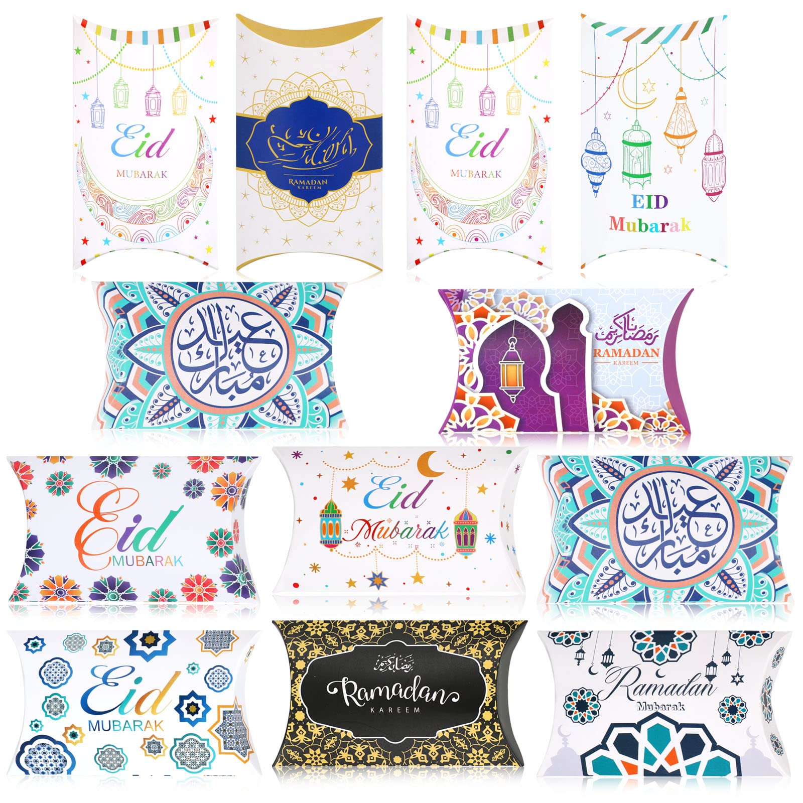 DPKOW 12pcs Pillow Boxes for Eid Ramadan Gifts Bags, Ramadan Eid Mubarak Treats Bags Candy Boxes Card Holder, Sweet Bags for Eid Ramadan Biscuit Small Gift
