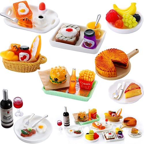 38 Pcs Miniature Food Toy Miniature Doll House Accessories Miniatures Play Sets Small Doll Food Dollhouse Foods, Hamburger Fries Soda Milk Juice Fast Foods Set for Pretend Kitchen(Novel Style)
