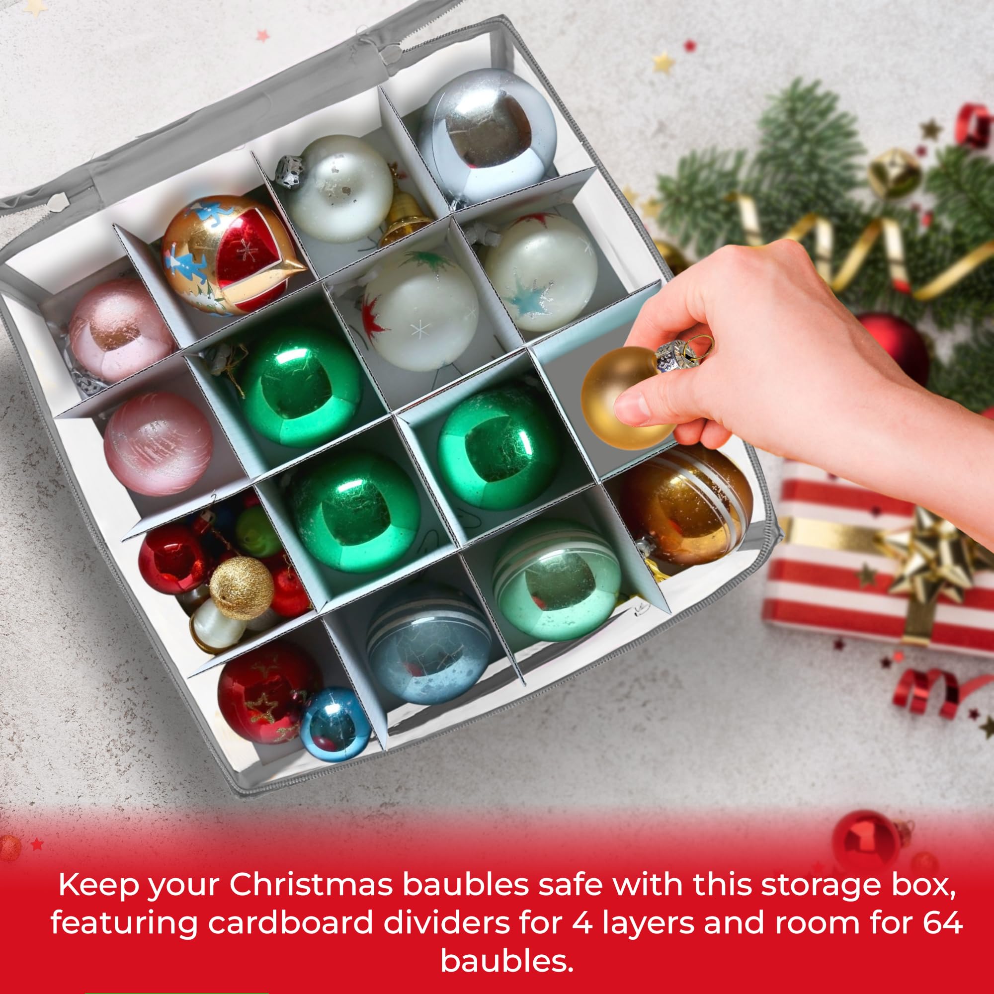 REDSTAR Box porta 64 ornamenti festivi – Contenitore con divisori per sfere natalizie – Organizer per decorazioni dell’albero – Custodia per addobbi di Natale – Scatola rigida per elementi decorativi