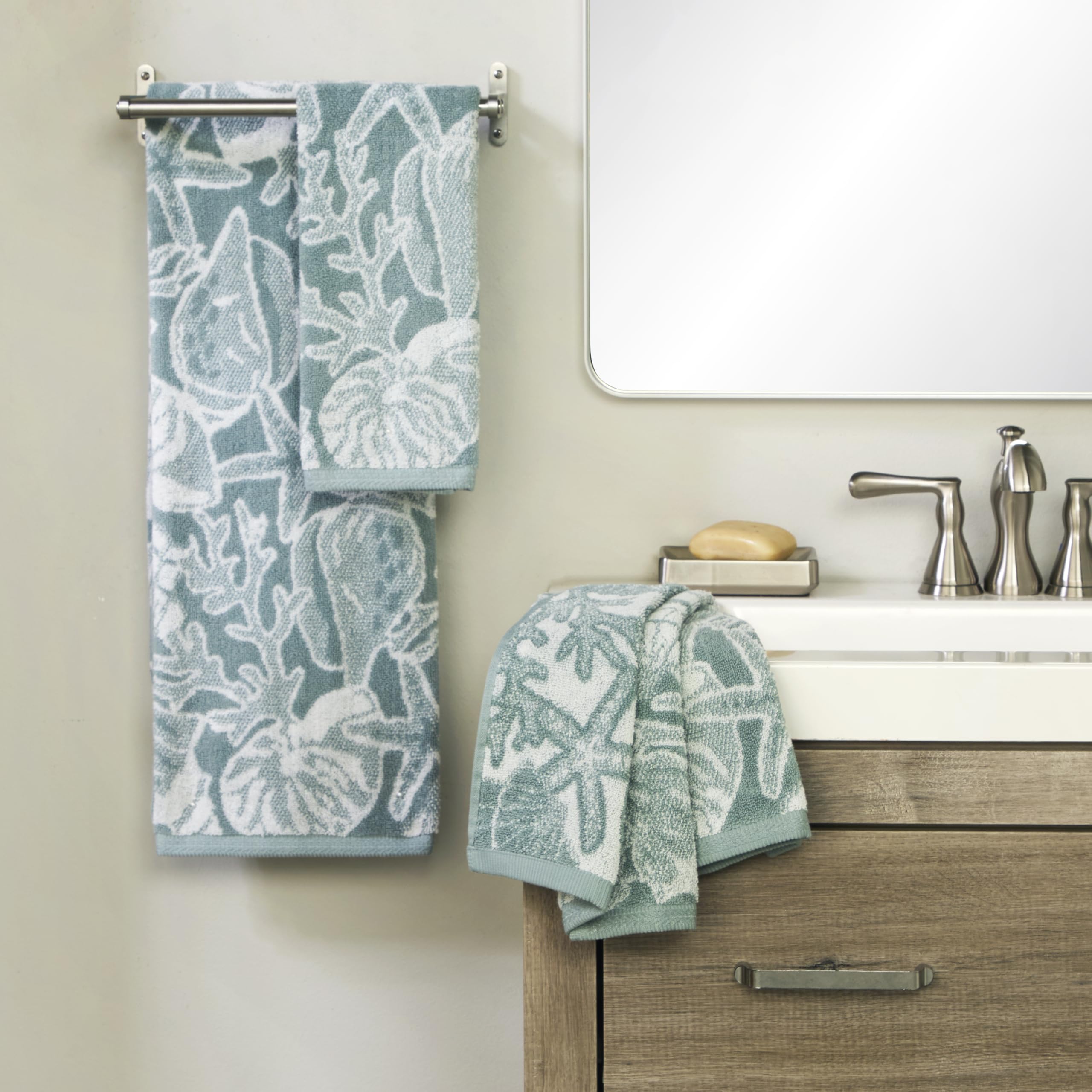 SKL Home South Seas Shell - Set di 2 asciugamani in 100% cotone premium, 550 g/m², reversibile, in jacquard, morbidi e assorbenti, tropicale, costiero, spiaggia, resort, per bagno, cucina, bar e