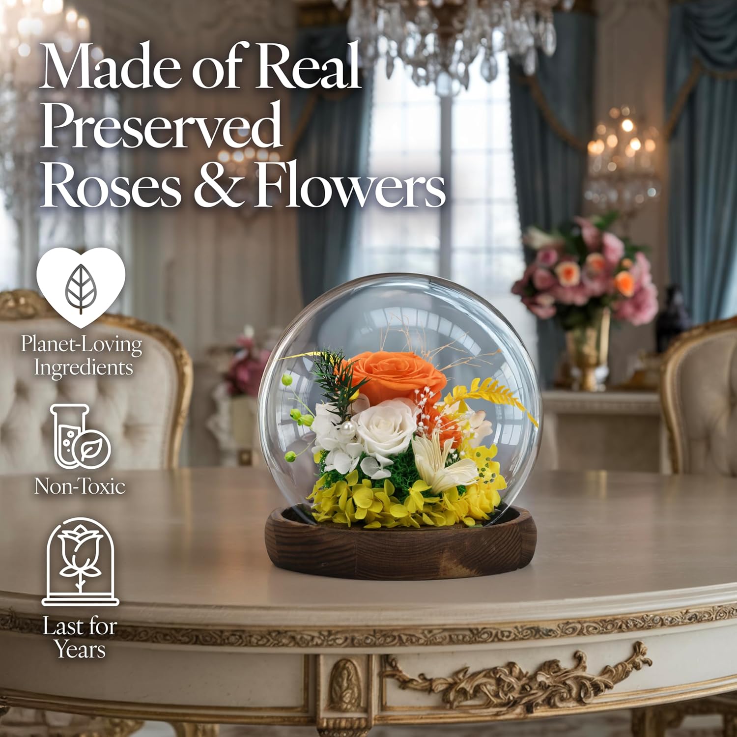 GLAMOUR BOUTIQUE Mini Christmas Tree Preserved Flower in Glass Dome w/Light - Flowers Forever Christmas Table Decor, Long Lasting Eternal Flowers Box & Bow, Unique Gift, Orange (Color-Treated)