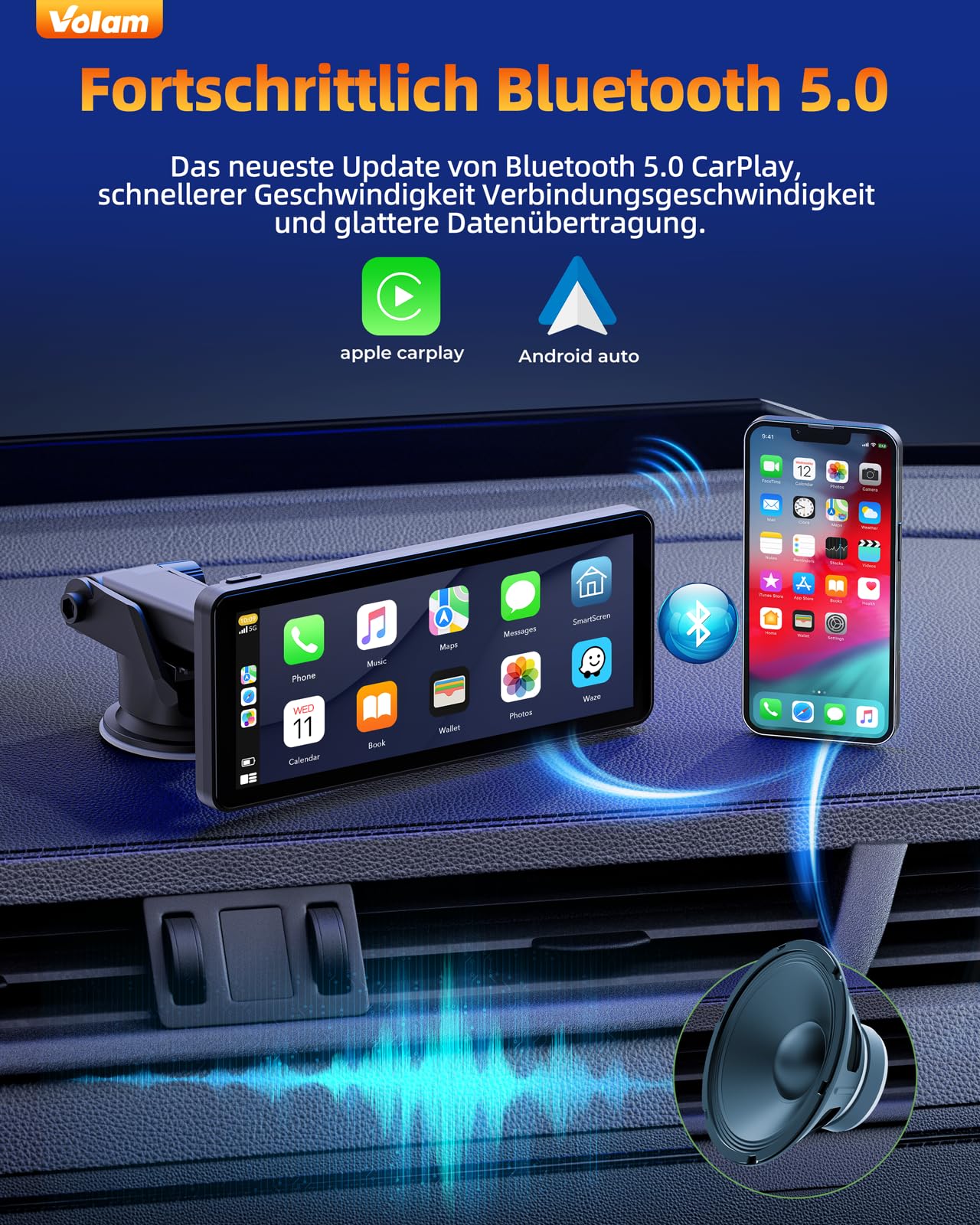 Volam Autoradio Wireless display Android auto di A-pple CarPlay,touchscreen IPS da 6,86'',fotocamera di backup 1080p,ricevitore digitale con Siri Goog-le Play/GPS Navigation/Bluetooth/MirrorLink Video