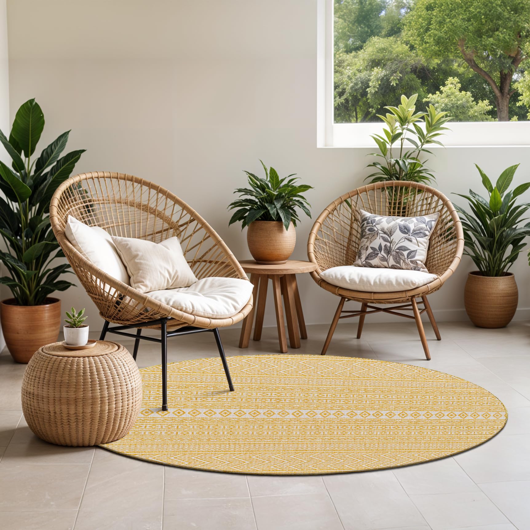 Livabliss Mimi Motril Geometric Indoor Outdoor Round Carpet 160 cm, Boho Pattern for Patio, Deck & Garden, UV Resistant Weather & Stain Durable, Mustard Ivory