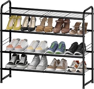 4-Tier Stackable Shoe Rack, Expandable & Adjustable Shoe Shelf Organizer for Closet Storage, Bedroom, Black