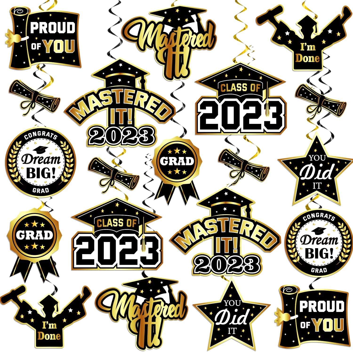 Mastered It Hanging Swirls,40 Pcs Masters Graduation Decorations, NO-DIY Masters Degree Graduation Decorations, Mastered It Graduation Hanging Decorations, Black Gold Masters Party Supplies cocomigo
