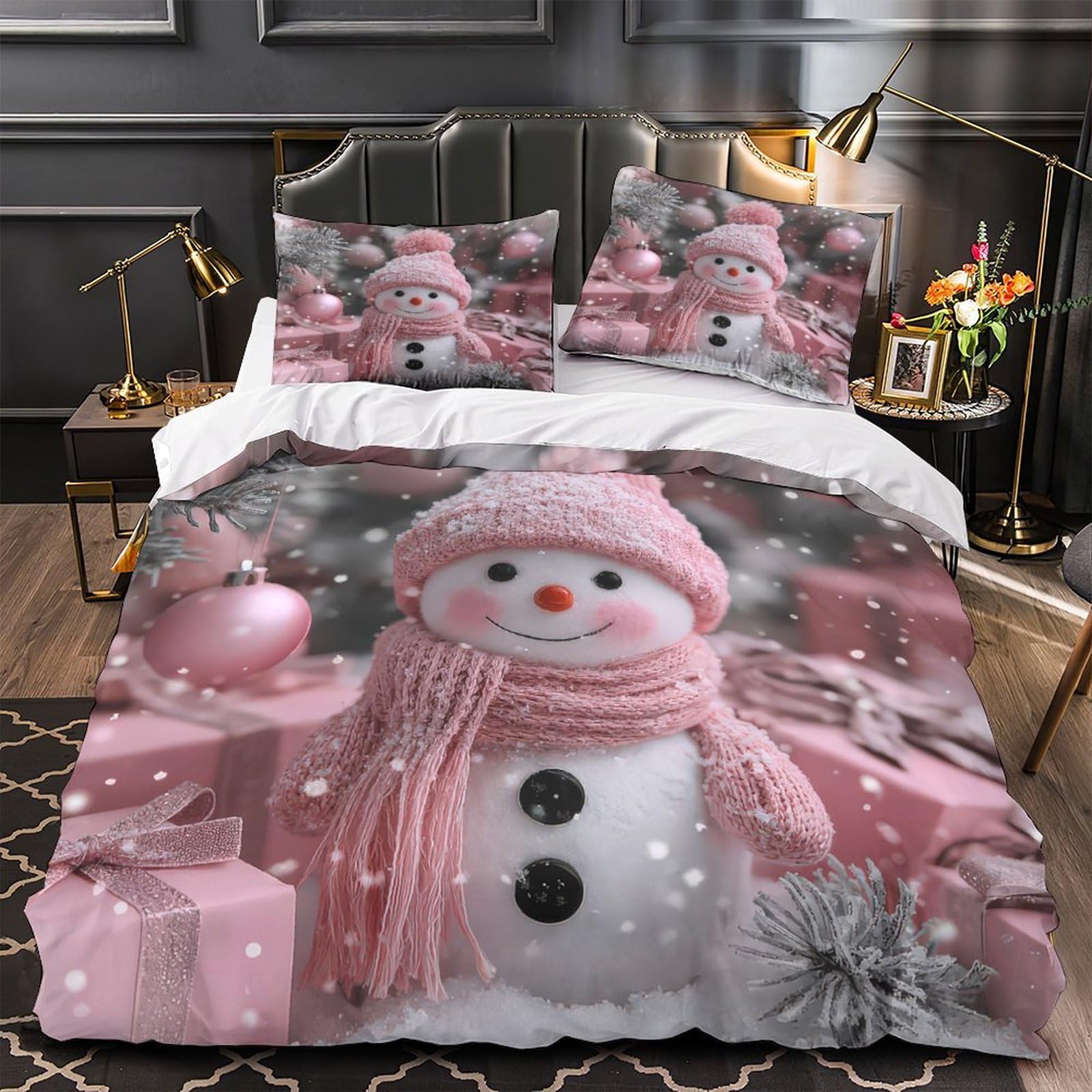 Housse de couette bonhomme de neige rose pour chambre d'ado fille