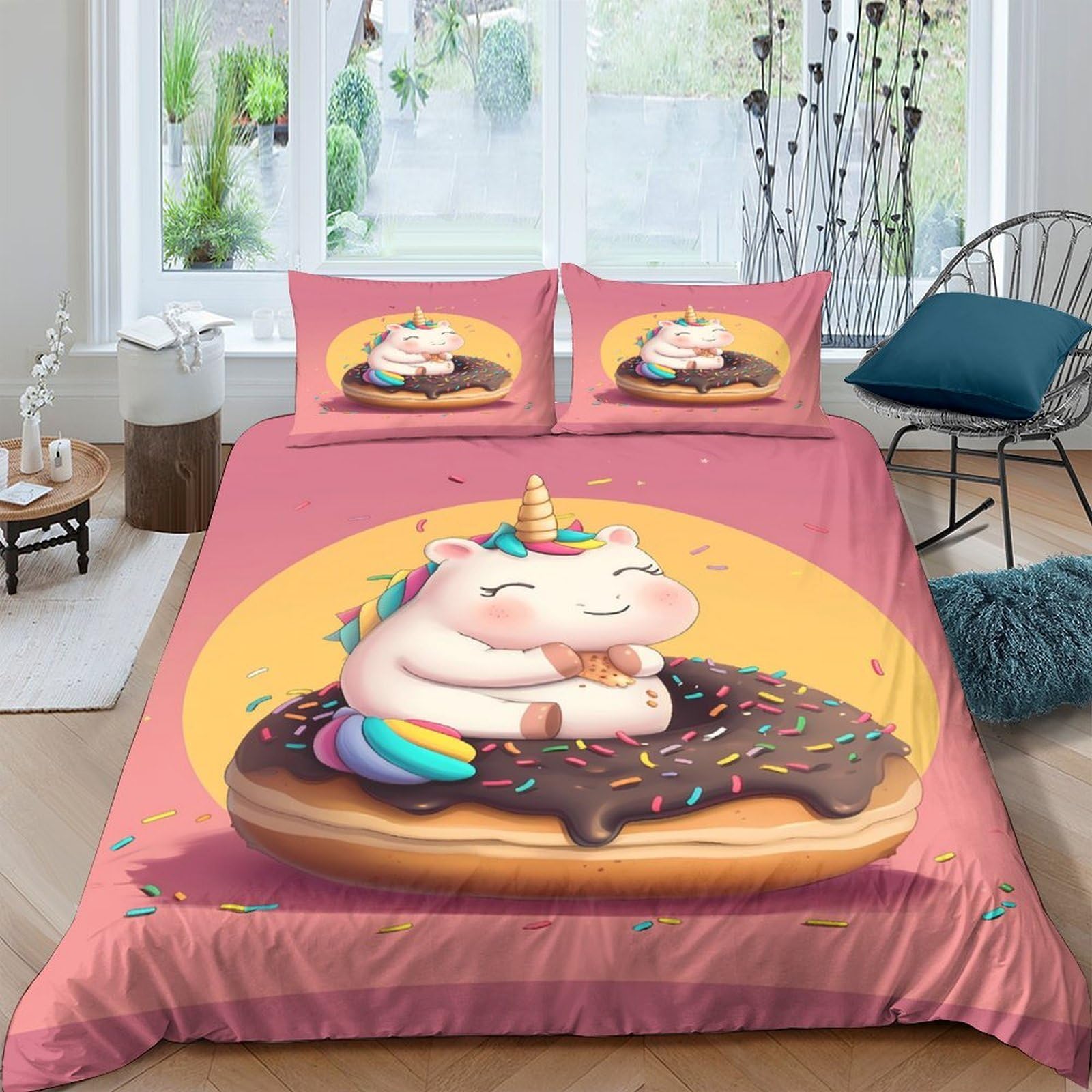 Ctjqhvkz Style-2 3D Printed Cute Unicorn Fitted Sheet Microfiber Soft Pink Donut Bed Cover For Bedroom Dorm Mattress Protection Decor Single（135X200cm）