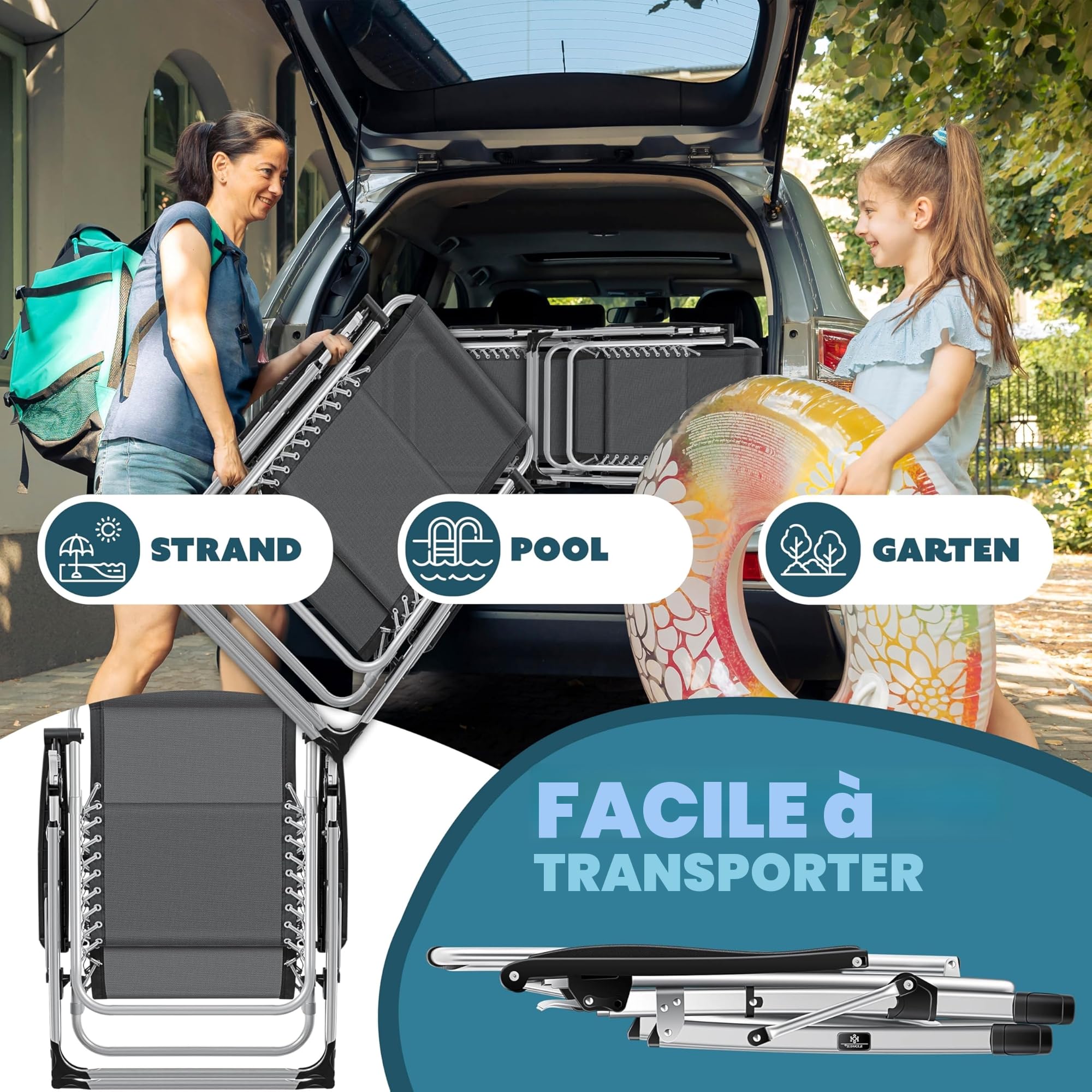 KESSER® Transat XXL - pliable, résistant aux intempéries, capacité 200 kg, revêtement ergonomique, dossier réglable, porte-gobelets et coussin pour les bras, avec auvent - Anthracite