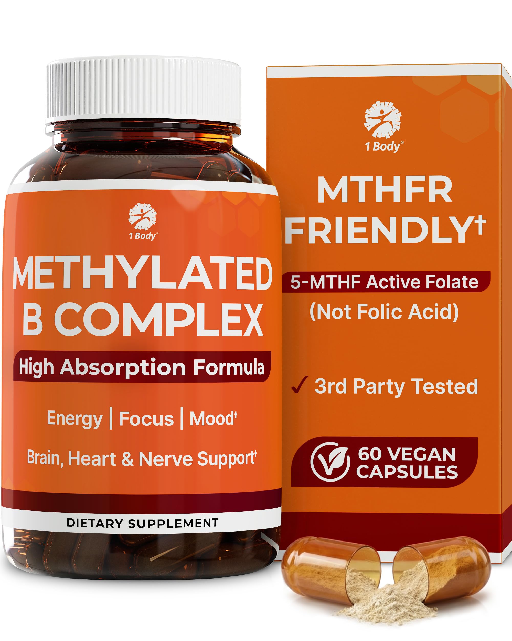 Vitamin B Complex – Methylated B Vitamins for Energy, Brain & Metabolism Support | BioActive B Complex Vitamins for Women & Men with Methyl Folate (5-MTHF) & Methyl B12 – 60 Count