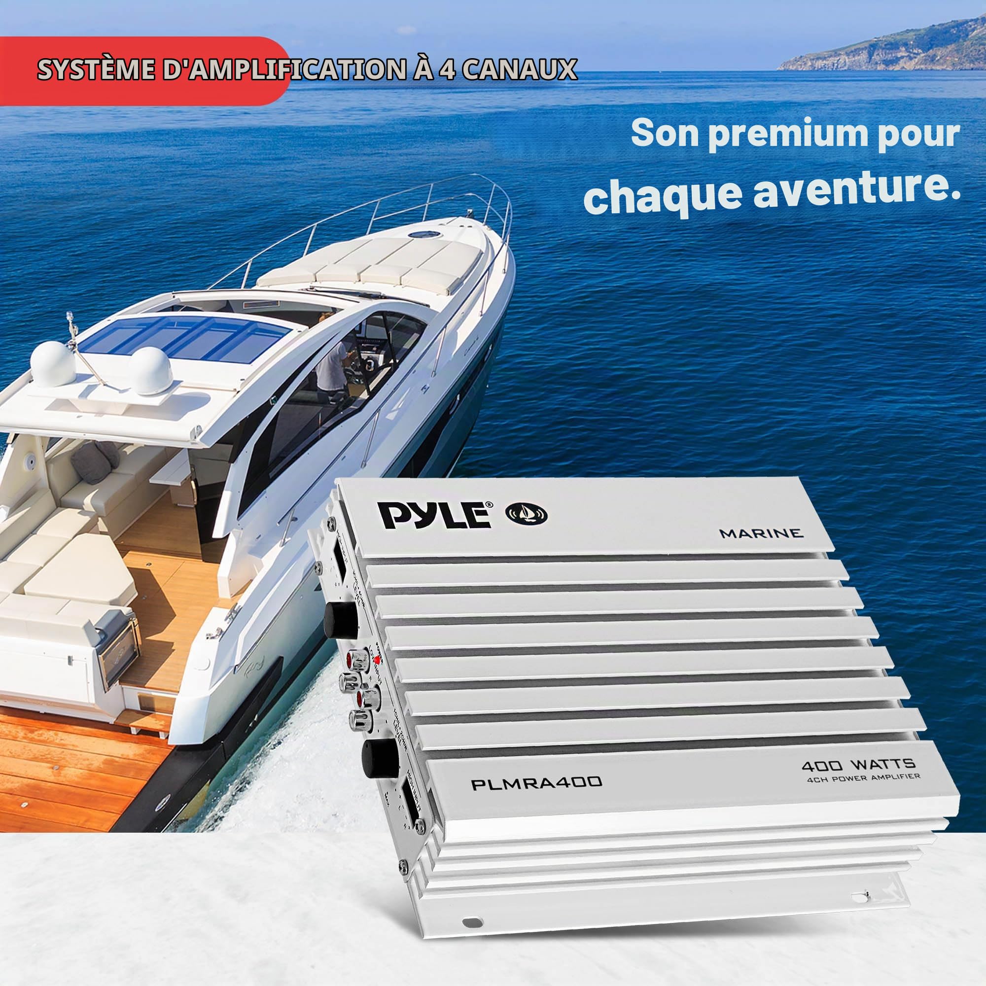 Amplificateur Pyle étanche avec 4 canaux et une puissance de 400 Watts. Idéal pour bateau, scooter de mer etc.