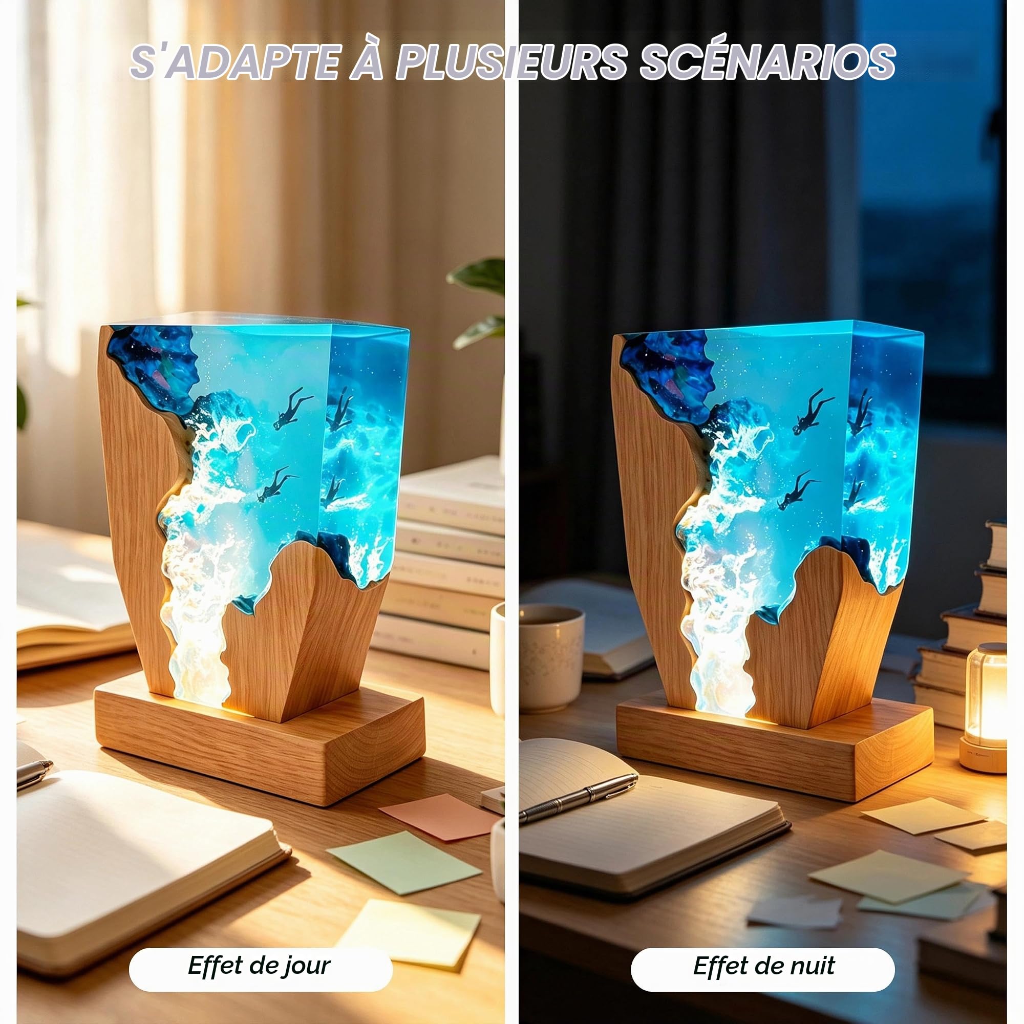 Lampe résine, thème marin, avec socle bois, LED, 22x17cm, pour décoration | Sous-marin; pour salon et chambre; cadeau.