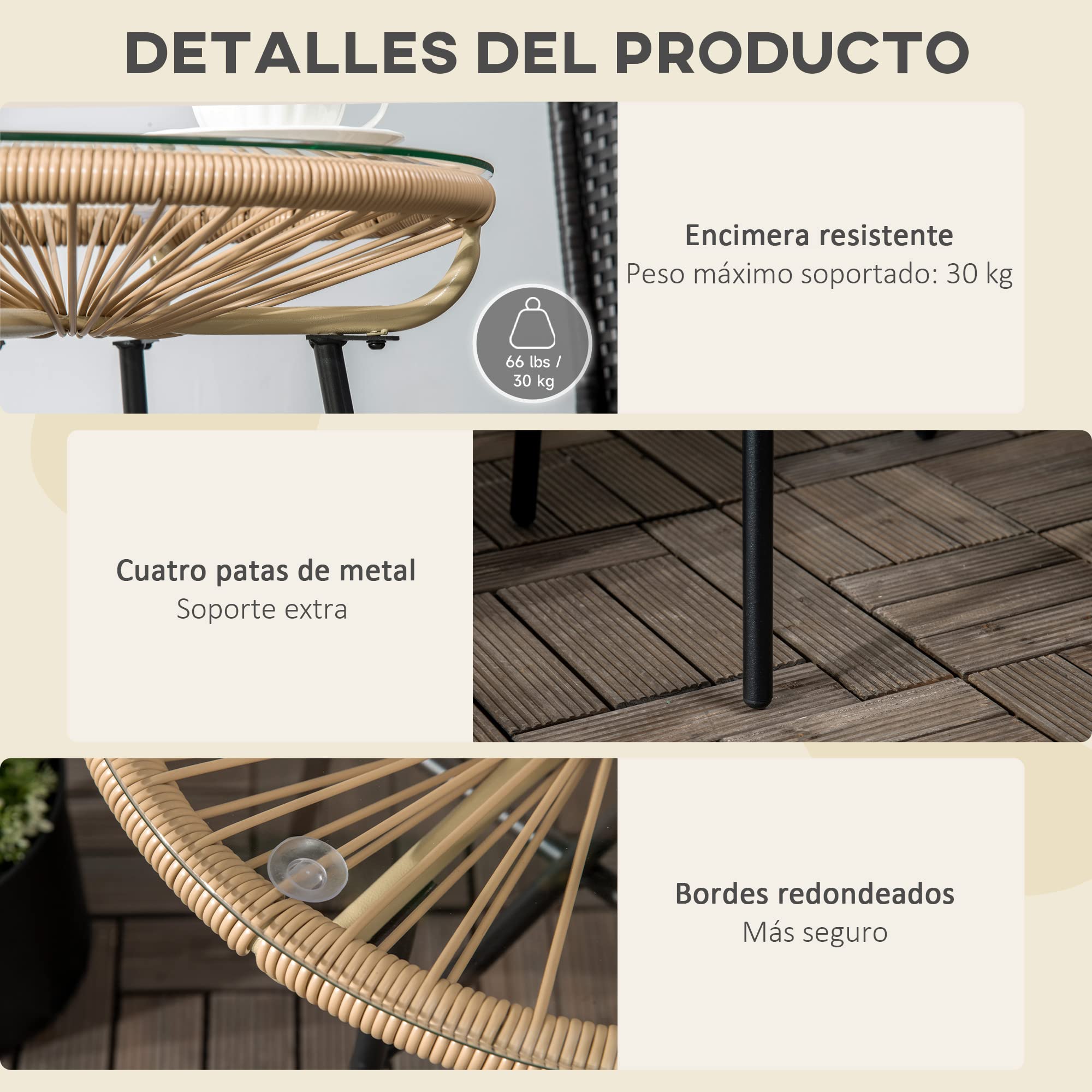 Outsunny Mesa de Jardín de Ratán Sintético Mesa de Centro Redonda para Exteriores con Tablero de Vidrio Templado y Patas de Metal para Patio Balcón Ø50x50 cm Beige