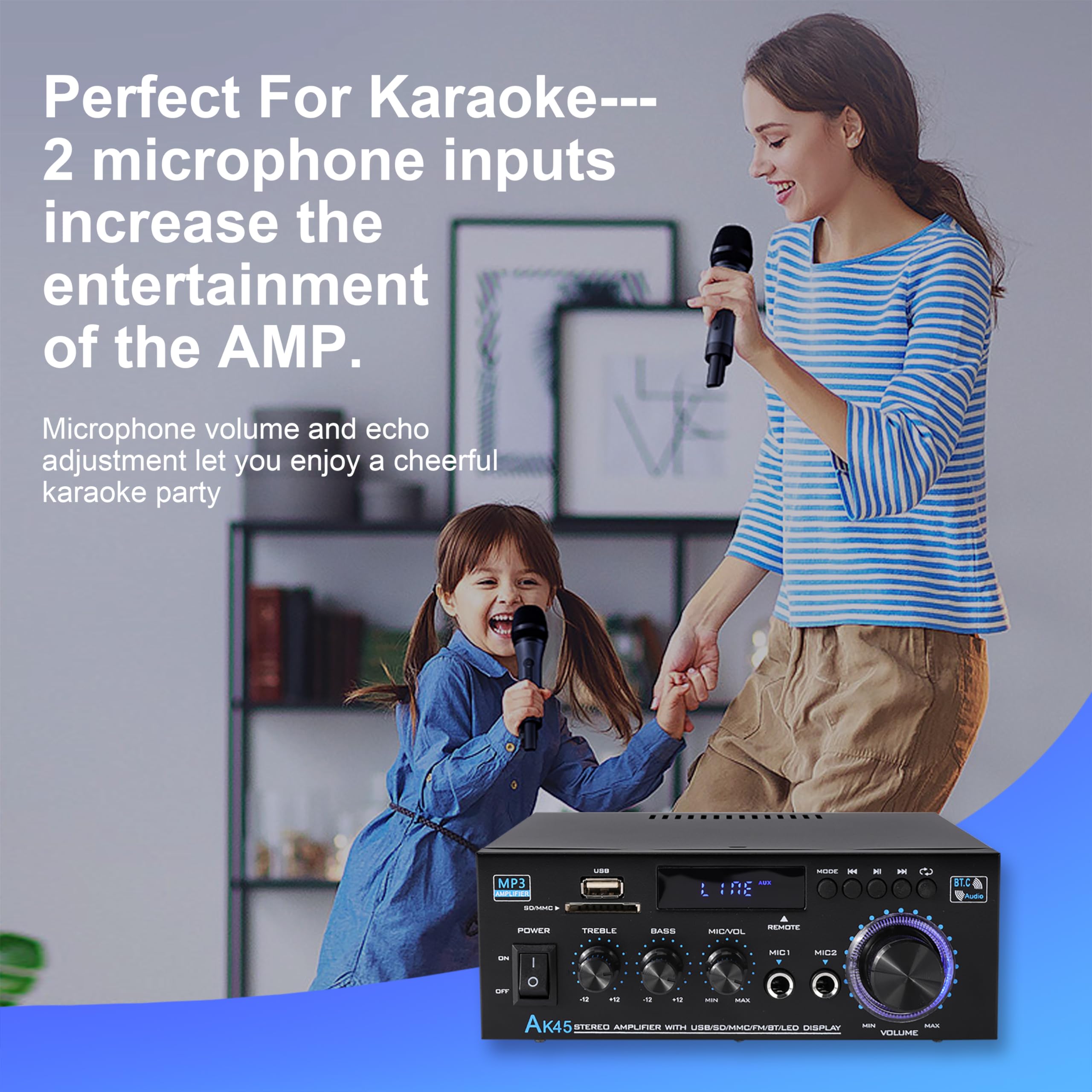 Amplificatore Bluetooth 800W, RMS 40W×2 Amplificatore HiFi, Ricevitore Amplificatore Stereo Amp per Home Theater, Altoparlante Auto W/Mic USB FM Radio Stereo (AK45)