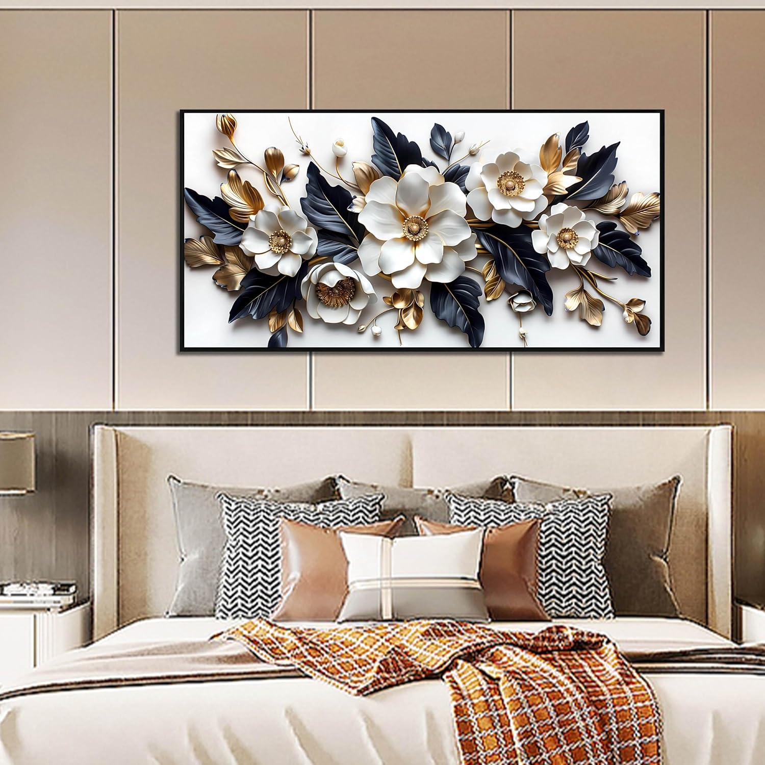 white flower wall decor for living room - modern blue white and gold wall art bedroom - black framed wall art size 24" x 48" 48" x 24" white