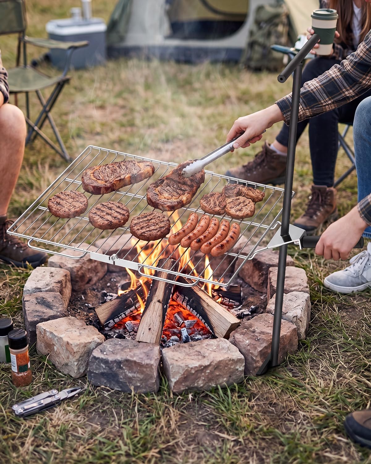 Gonex Swivel Campfire Grill for Fire Pit Foldable Stainless Steel Cooking Equipment with Carrying Bag for Fire Pit Camping Outdoor BBQ RV