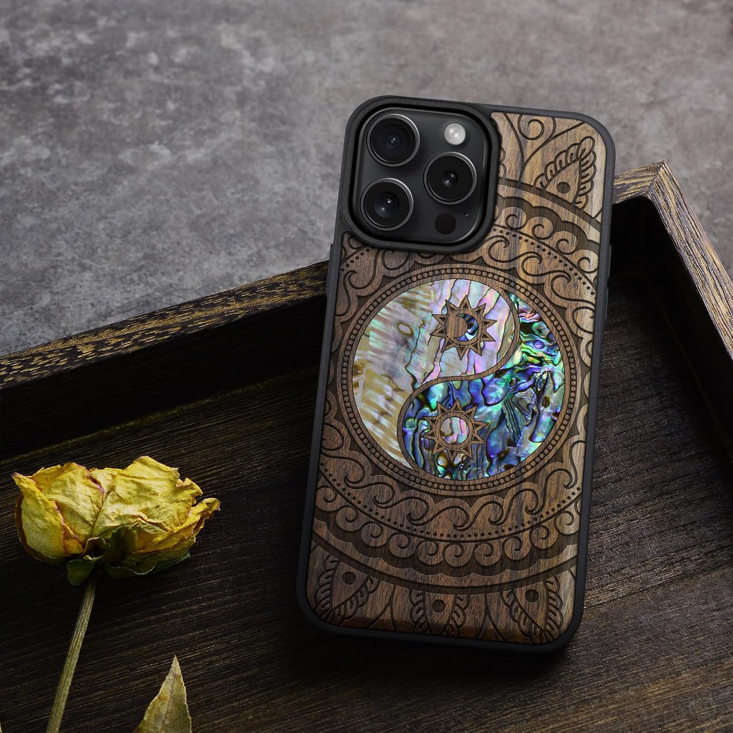 Carveit Magnetic Case for iPhone 16 Pro Max Case, Wood Artisan Engraved & Handmade Shell Inlaid, TPU Shockproof Cover, Compatible with MagSafe Wireless Chargers (Yin Yang Paisley) Walnut