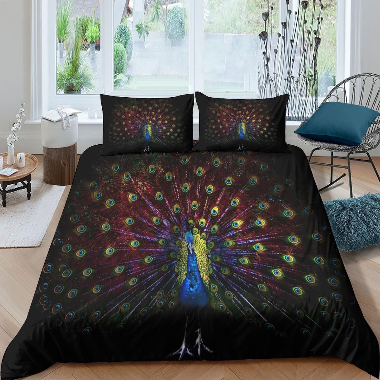 Ctjqhvkz Style-9 3D Printed Peacock Feather Fitted Sheet Microfiber Elegant Black Bed Cover For Bedroom Guest Room Mattress Decor Single（135X200cm）