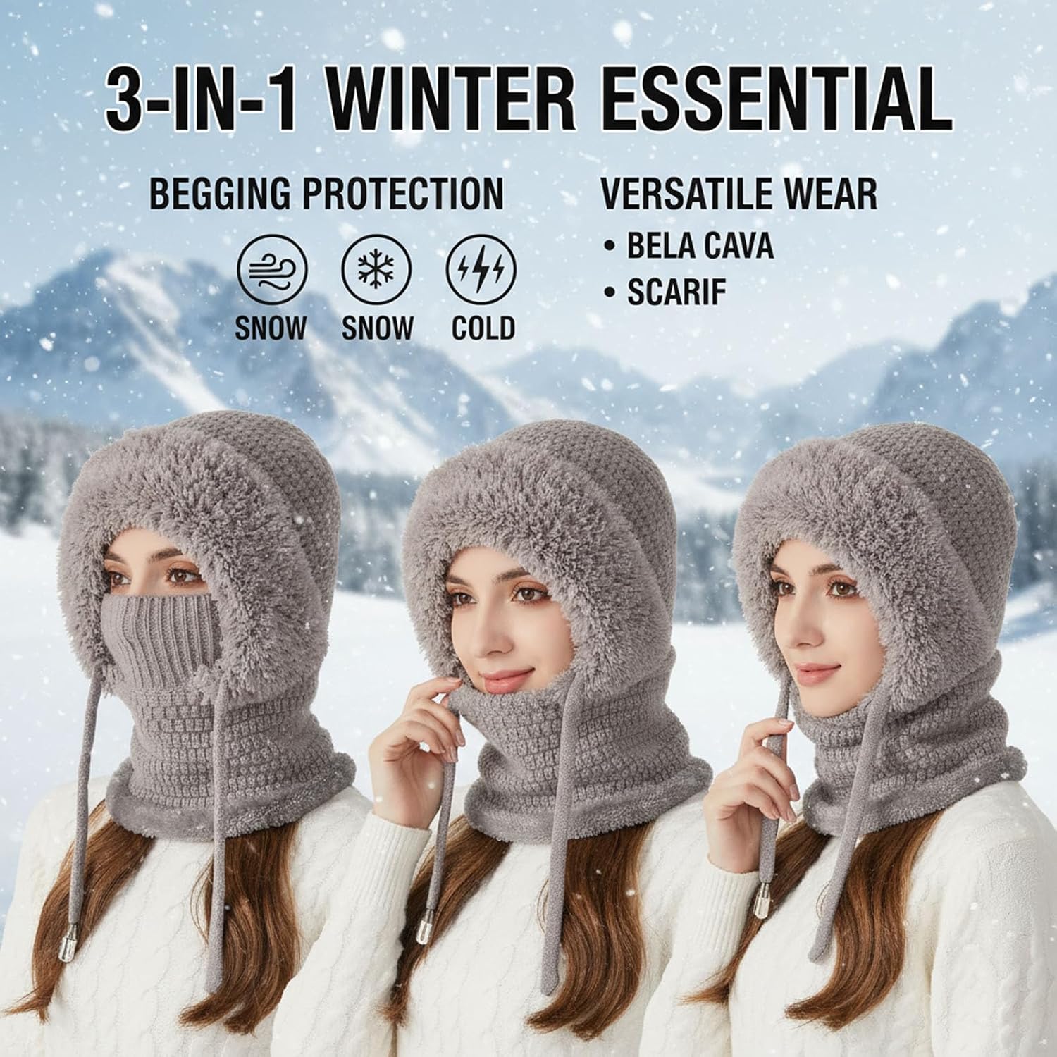 3 in 1 Beanie Hat with Scarf and Mask, Women's Winter One-Piece Knitted Beanie Scarf Mask 3-in-1 Balaclava
