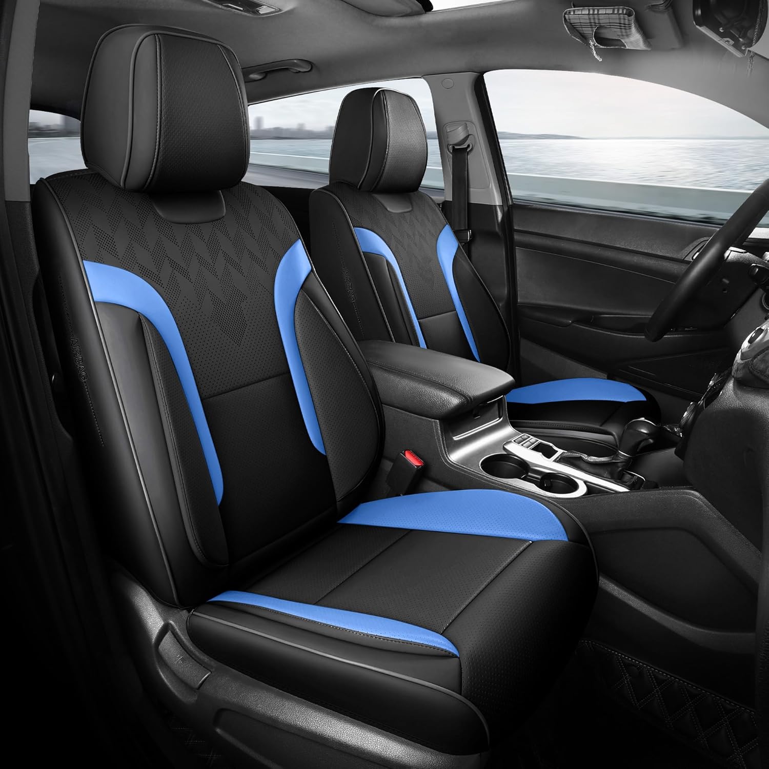 Black and Blue Car Seat Covers Full Set - Breathable Faux Leather Universal 5 Seat Covers for Cars, Automotive Protector Fit for Most Sedan SUV Pick-up Truck Full-Set BlackBlue