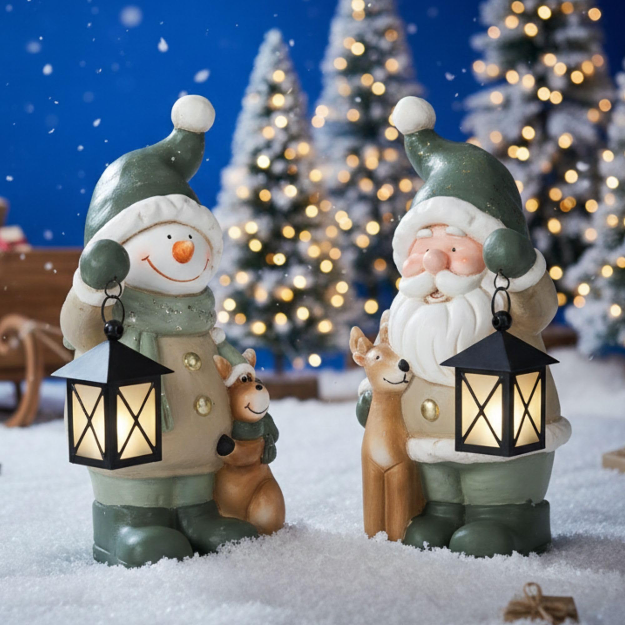 Weihnachtsdeko Figuren Groß 42cm Weihnachtsfiguren Beleuchtet Innen LED Figuren Weihnachten mit Timer Winterdeko Fensterbank Deko Figur mit Laterne Wohnzimmer Wichtel Elch Schneemann Santa Claus