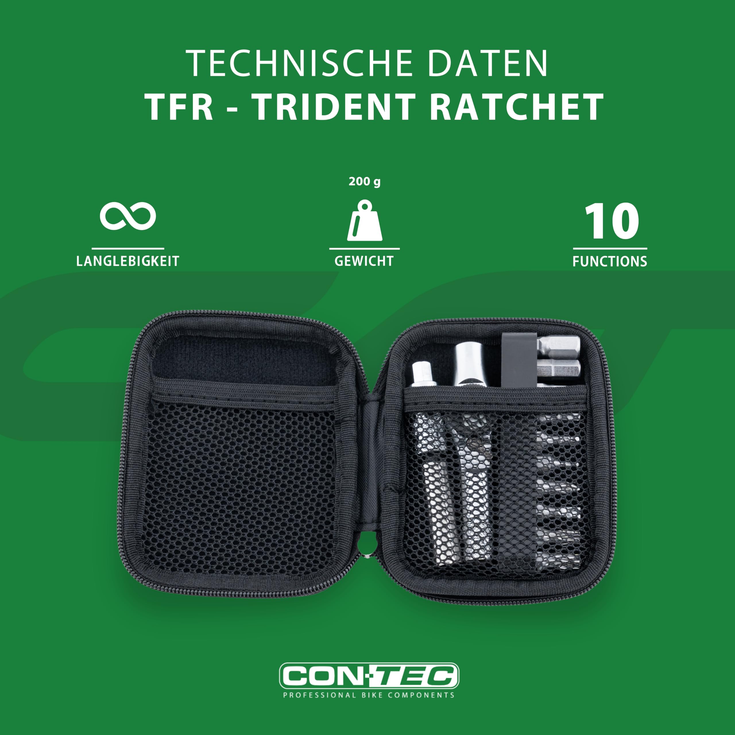 CONTEC Fahrrad-Multitool Trident Ratchet, 10 in 1, Multifunktionswerkzeug, Reparatur Set, Mini-Tool, Multi-Purpose, Innensechskant, Schraubendreher