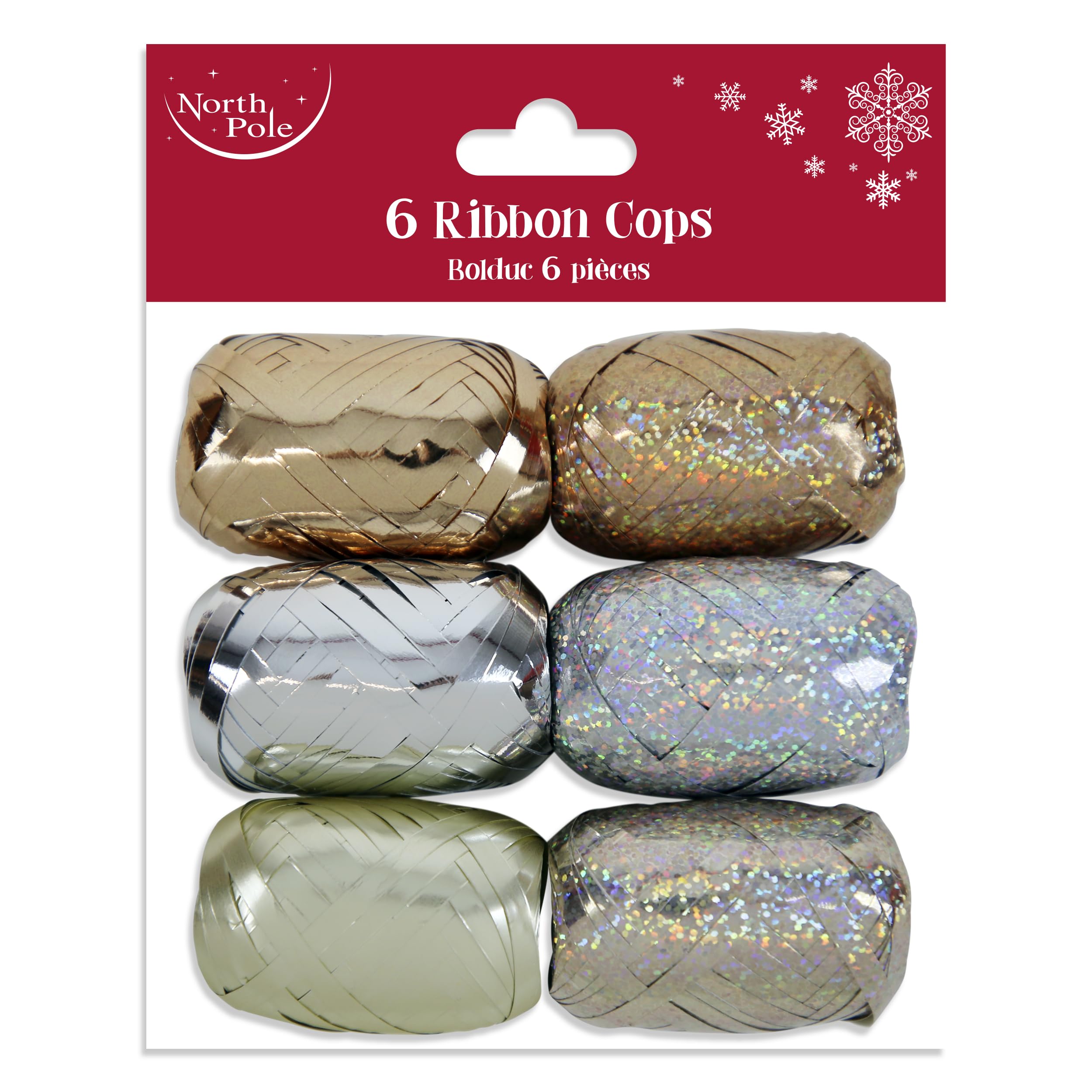 Eurowrap Multicolour 6 Ribbon Cops – Gold & Silver Metallic And Holographic Mix – 10M X 5Mm Gift Wrapping Ribbons And Crafts