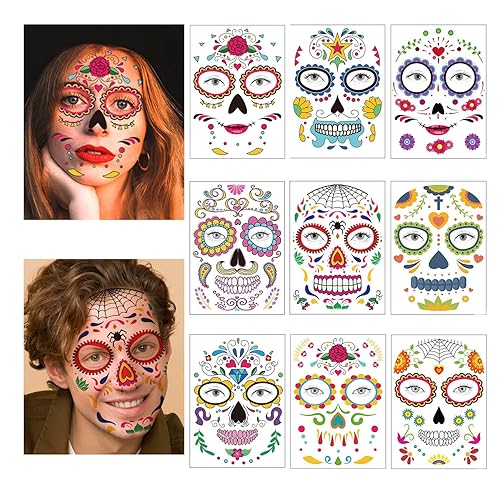 Día de los Muertos Tatuajes de Calavera de Azúcar Floral Negro Esqueleto Web Rosas Rojas Disfraz de Halloween Tatuajes Temporales 9 Hojas