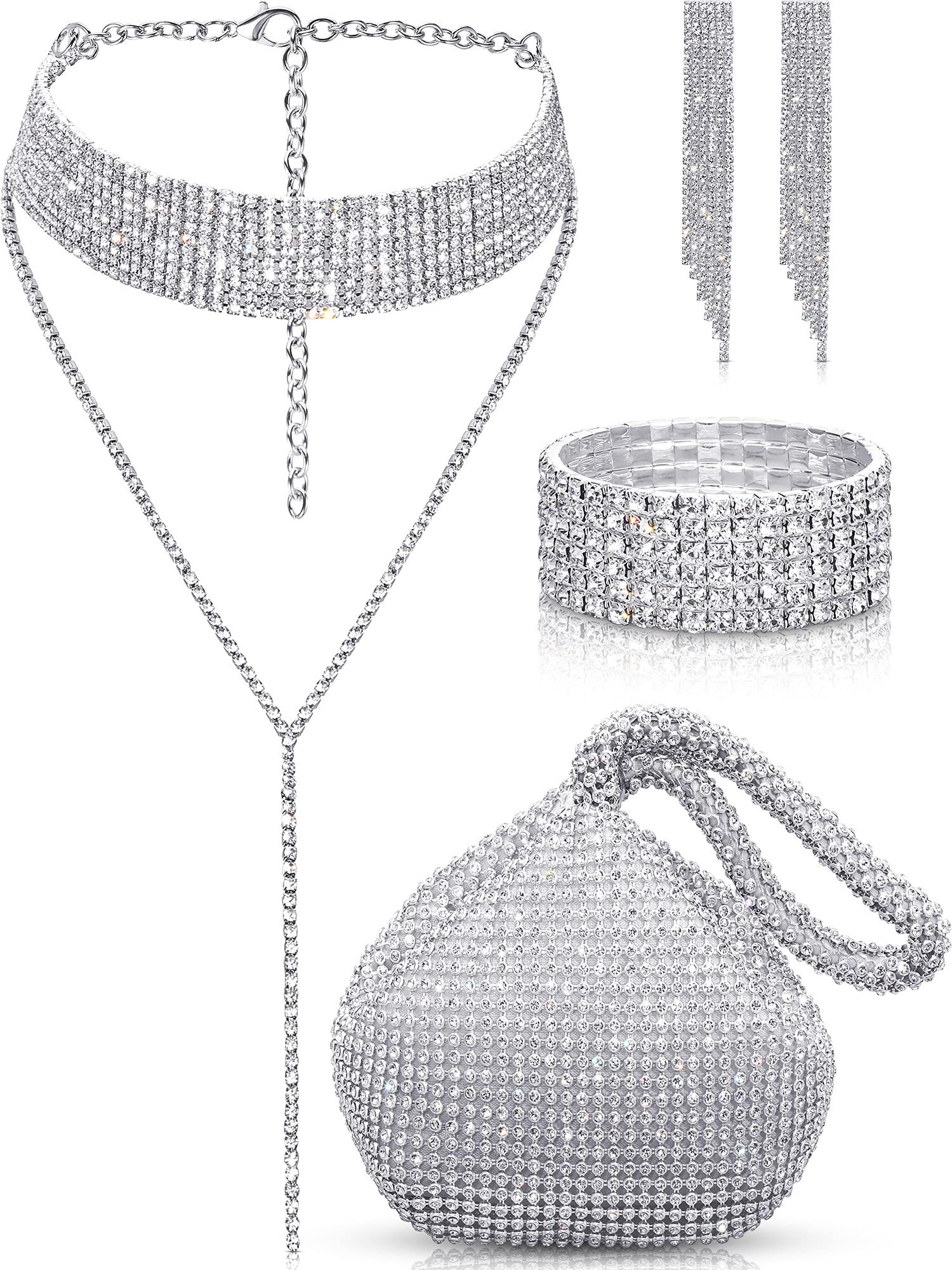 Quelay4pcs Diamond Costume Jewelry for Women Rhinestone Fringe Choker Necklace Shiny Bangles Crystal Dangle Earrings Rhinestone Handbag for Halloween Christmas Wedding Party