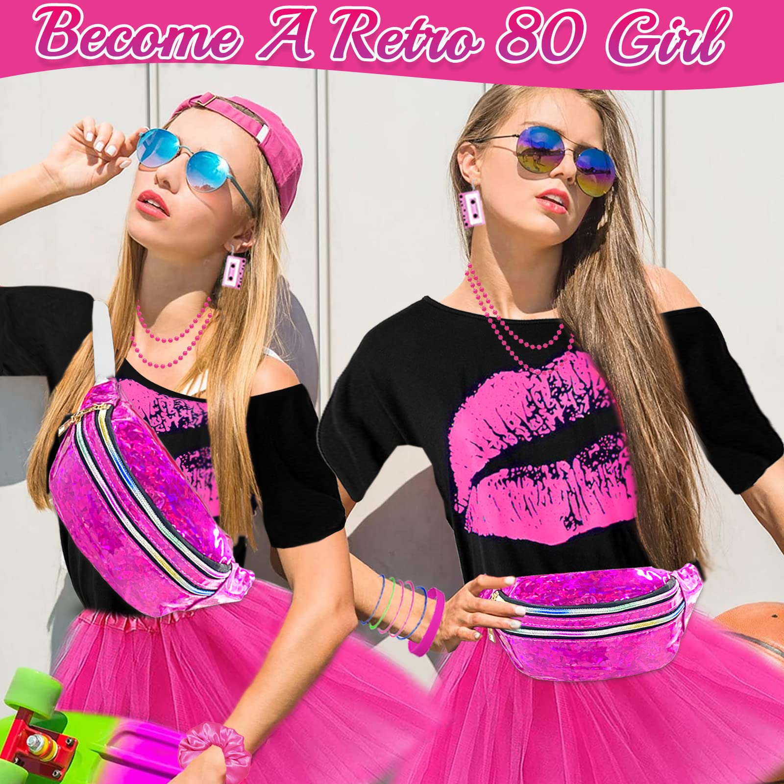 26PCS Deguisement Annee 80s Accessoire, Tenue de Soirée Disco Néon des Années 90s, T-shirt, Tutu, Bracelet, Sac Banane, Lunette, Bracelet, Colliers, Jambières, Tenu Année Thème Soirée Carnaval Femme