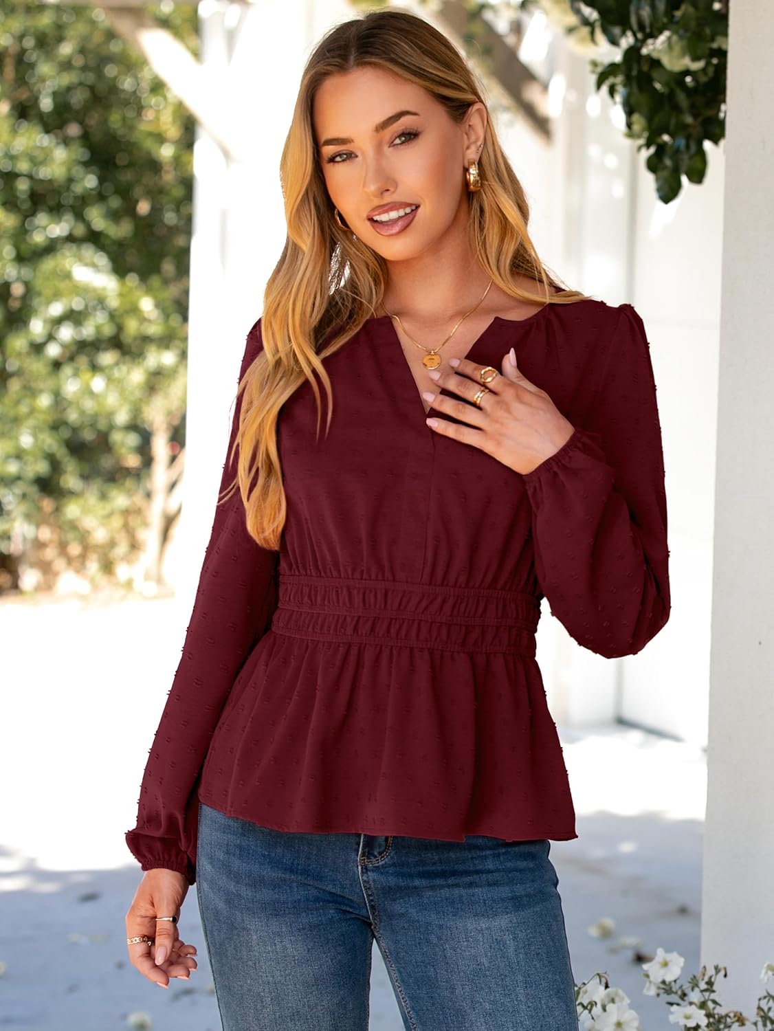 Simplee Womens Blouses Long Sleeve Peplum Boho Tops Fall Dressy Casual V Neck Swiss Dot Babydoll Tops Fashion Shirts - Image 6