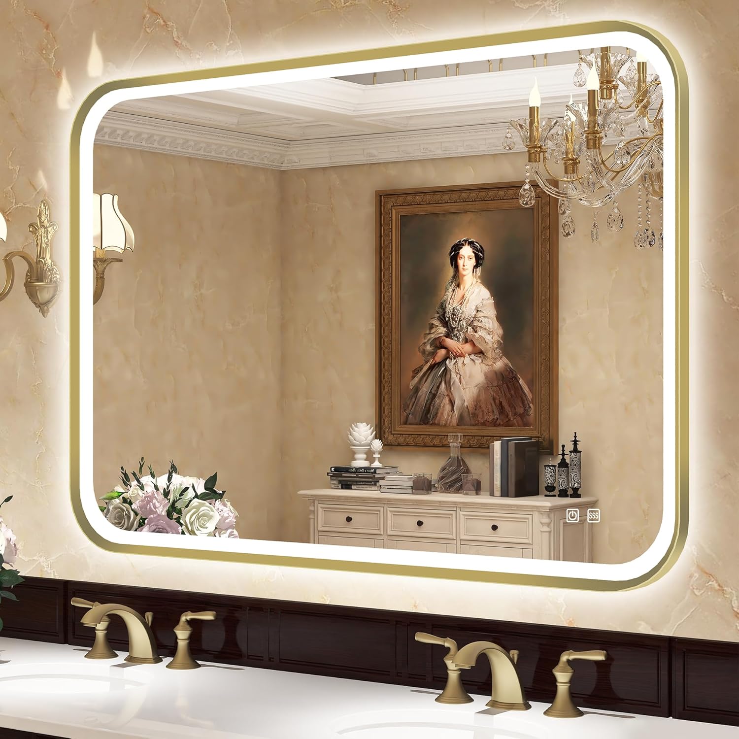 S'bagno 40X28 Gold LED Mirror for Bathroom with Frontlit & Backlit, LED Bathroom Mirror with Metal Frame, Anti-Fog, Stepless Dimmable, 3 Colors Temperature LED Vanity Mirror(Horizontal/Vertical) Gold-rectangular 40X28''