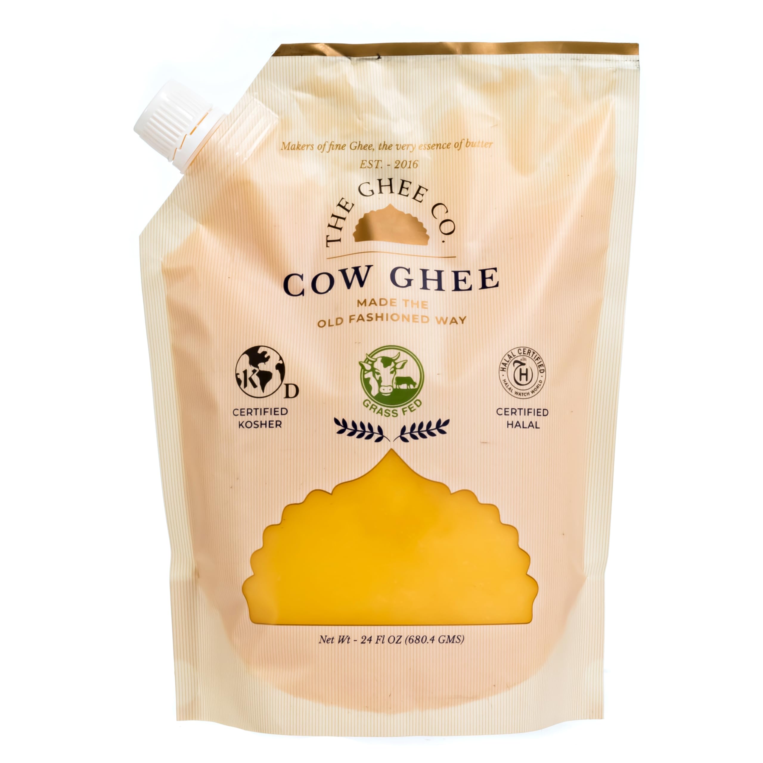 The Ghee Co. - 24 Fl Oz Eco refill pouch ,Crafted homestyle with Real Butter, Grass Fed, Certified Non-GMOs, Certified, Kosher & Halal , Paleo & Keto-friendly , Lactose & Casein Free, Naturally long shelf life of 36 months