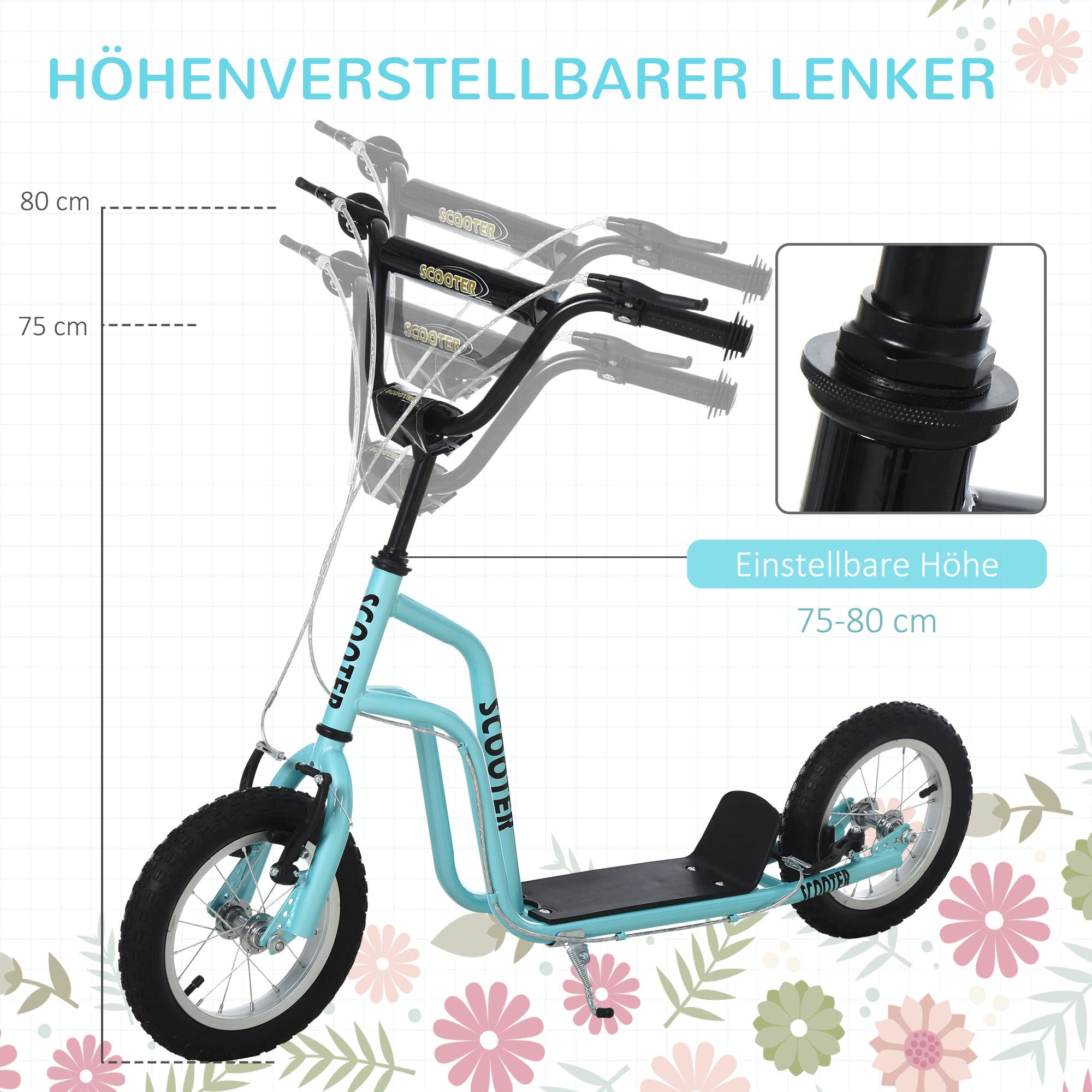 HOMCOM Kinderroller Lenker Verstellbar Scooter Tretroller Cityroller Kinder Roller Kickboard mit Luftreifen 12 Zoll ab 5 Jahre 120 x 58 x 75-80 cm