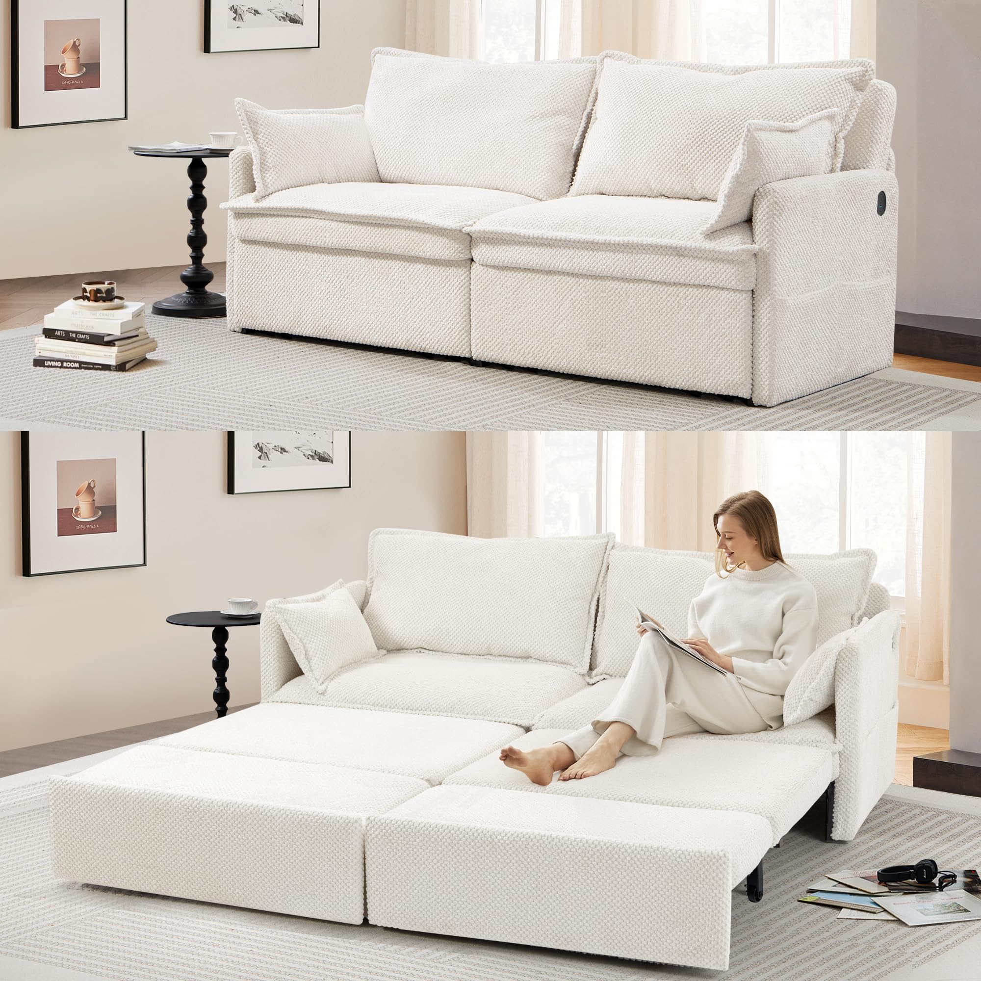 SUNWAVE Cream Corduroy Pull Out Sofa