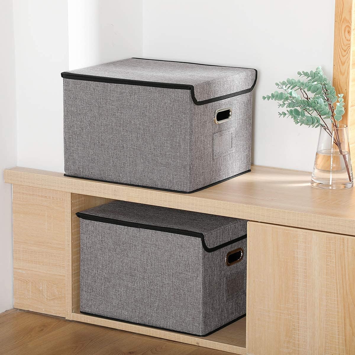 File Organizer Box Office Document Storage Pack of 2 Collapsible Linen Filing Cabinets with Lid, Decorative Office Cabinet, Letter Size Legal Folder, Gray