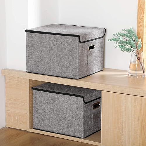 Miniatura 5 de Caja organizadora de archivos de oficina de almacenamiento de documentos de oficina paquete de 2 archivadores plegables de lino con tapa gabinete de