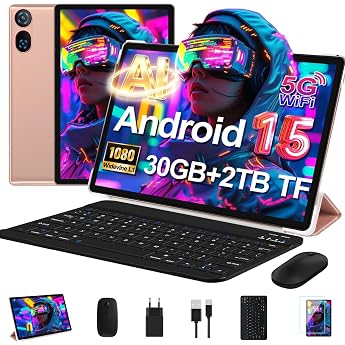 DMOAO Tablet 10 Inch Android 15 with Keyboard Gemini AI 30GB RAM + 64GB ROM 2TB Extension 5G WiFi Widevine L1 Octa-Core GPS Face ID FHD IPS 6000mAh USB Gold