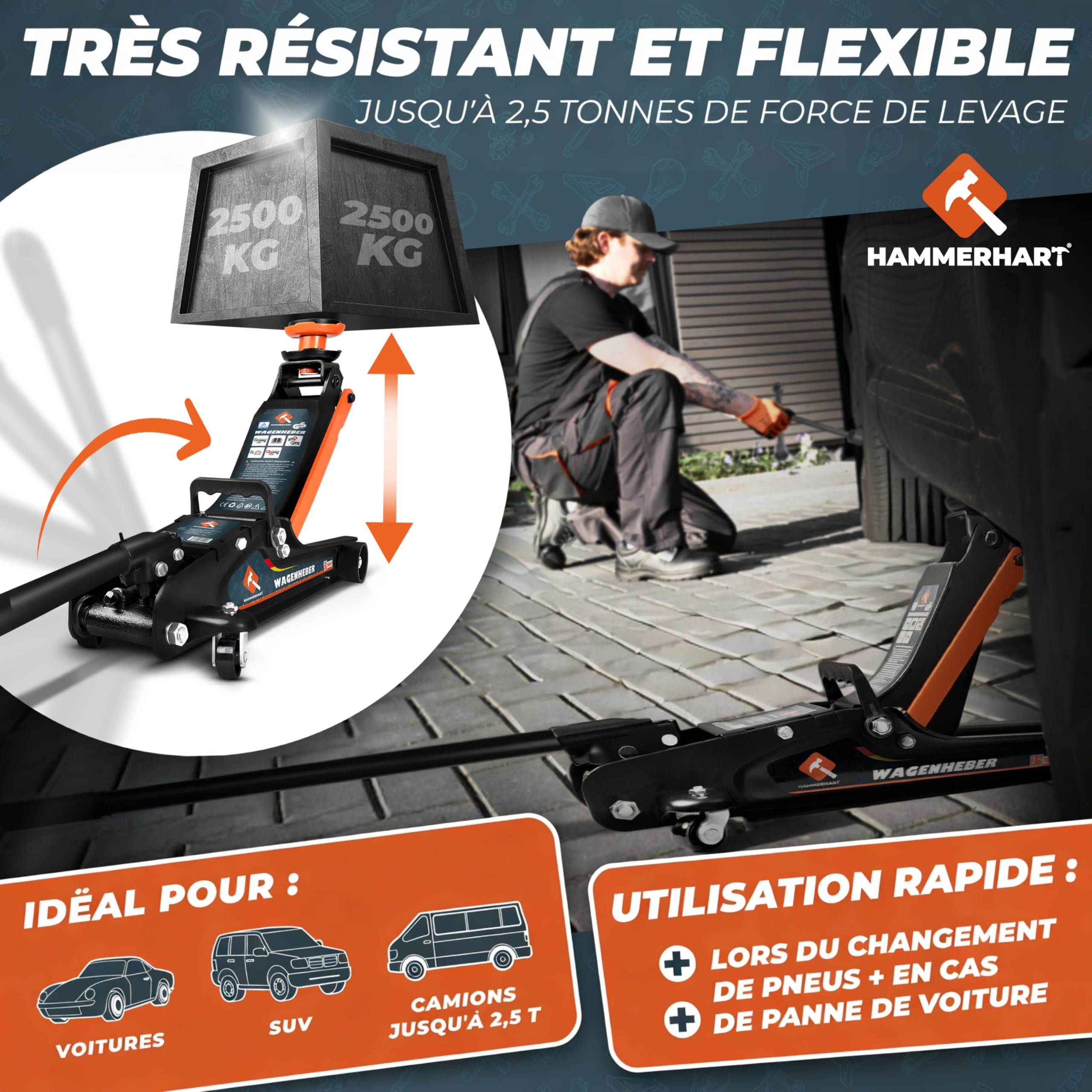Cric hydraulique 2,5 t | Cric homologué TÜV avec Une Hauteur de Levage de 85 à 384 mm | Cric Professionnel avec 2 Patins en Caoutchouc, roulettes pivotantes à 360°, poignée en T et Coffret