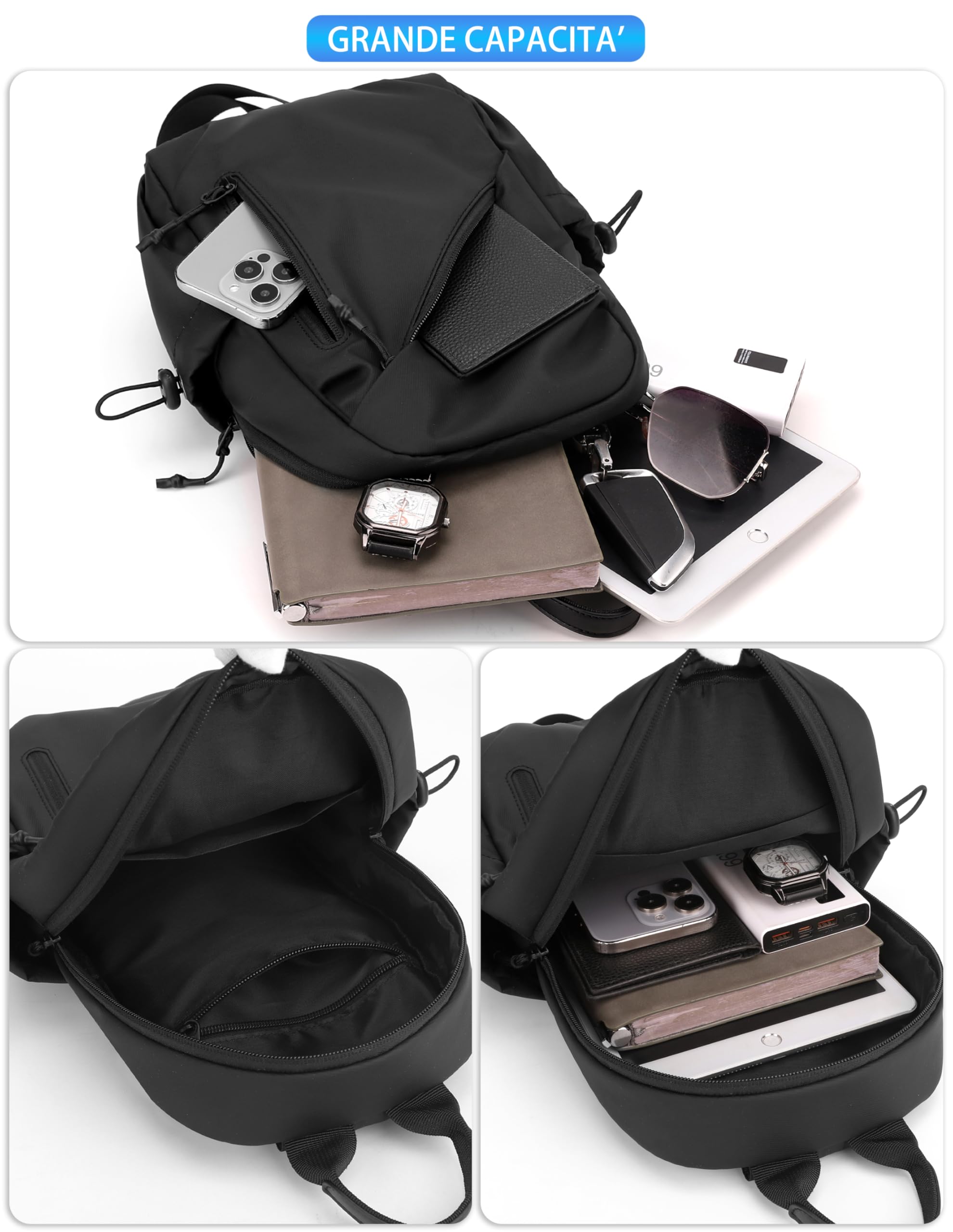 Zaino Monospalla Zainetto Borsa piccola a Tracolla Regolabile in membrana PU Borsello Porta Tablet Crossbody Bag per Uomo (Nero)