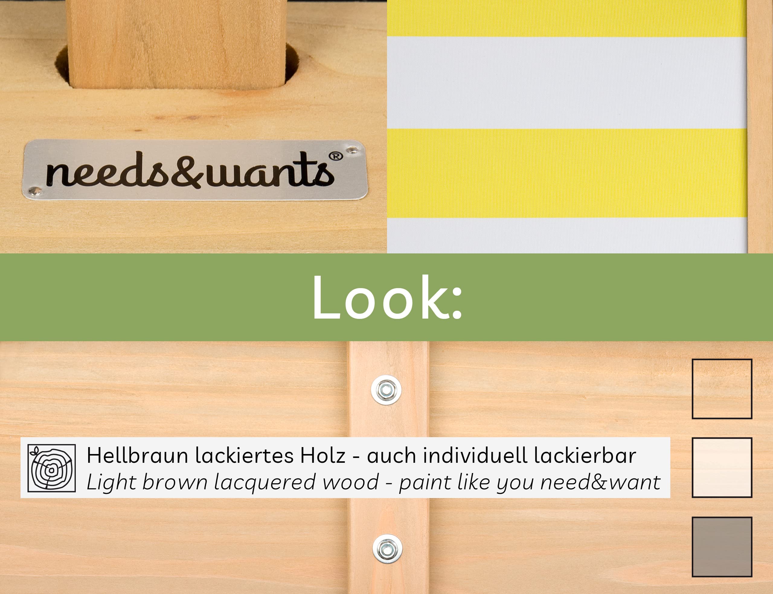 needs&wants® Sandkasten mit Dach Sitzbank und Boden Vlies-Folie, mit Abdeckung Oxford 600D, Sandkiste Holz rechteckig mit Bänken Outdoor Garten Kinder UV-Sonnenschutz, 113x113x113 cm, gelb weiß braun