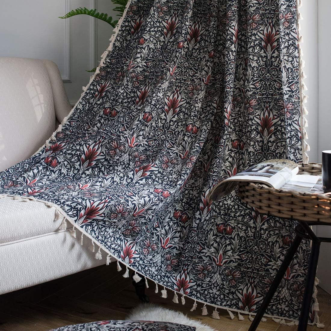 vctops Vintage Floral Print Cotton Linen Curtain Panel with Tassels Farmhouse Style Room Darkening Window Curtain for Bedroom Living Room One Panel 87 Inch Long Yellow