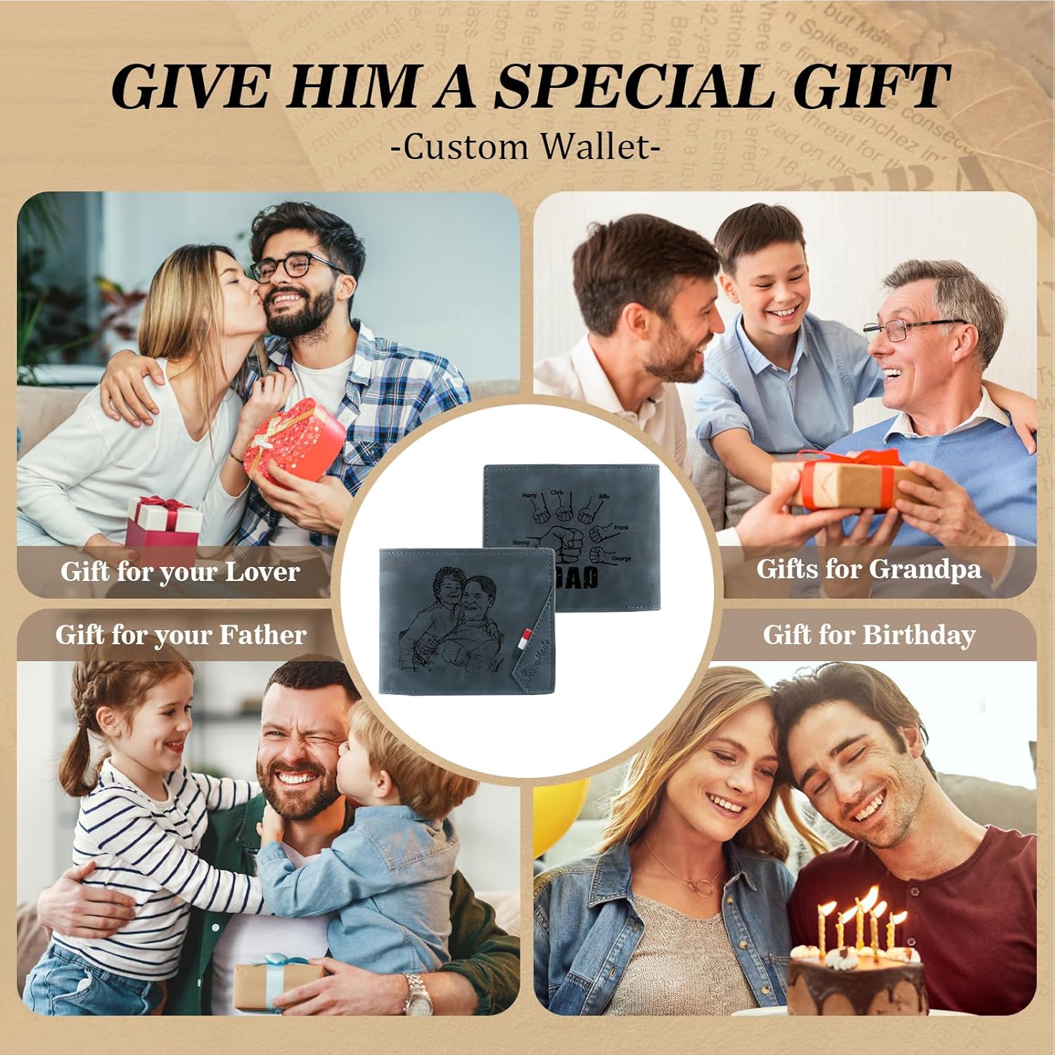 Custom Photo Leather Wallet for Dad - Personalized Wallet with Names for Men Fathers Day Birthday Gifts Slim Bifold Wallet for Father with ID Window Fist Wallet for Him Husband (color 1, 6 names)