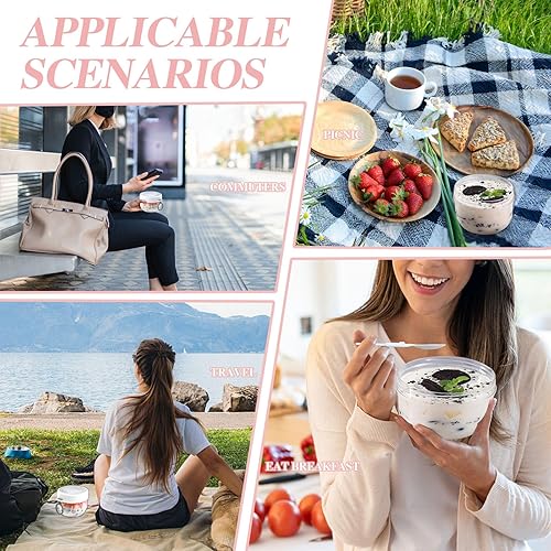 Miniatura 6 de 2 recipientes de avena para toda la noche con tapas, cuchara de 20 onzas, tarros portátiles de yogur de plástico, tazas de desayuno para adultos,